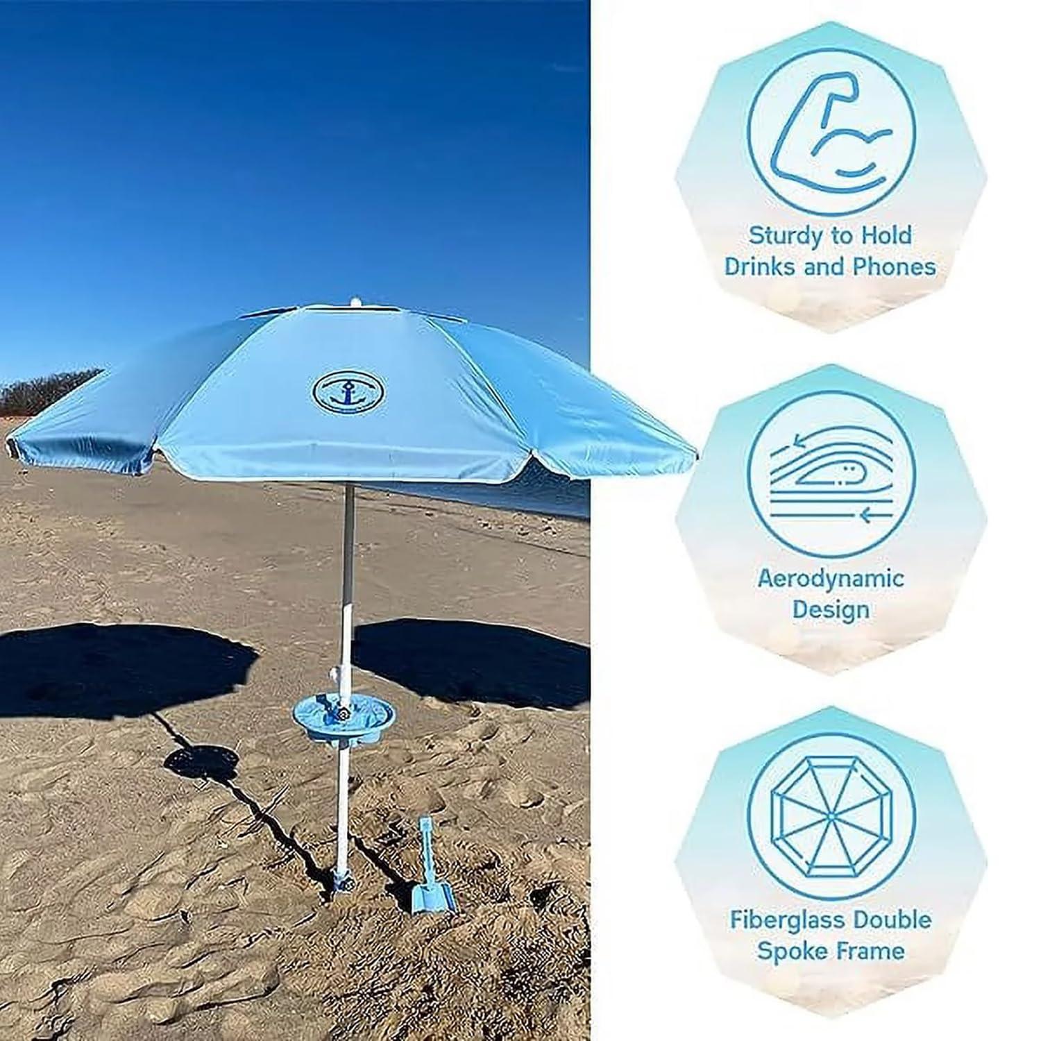 Anchor Works: Classic Beach Umbrella & AnchorONE Kit – Sky Blue - 7.5ft, Carry Bag, Sand Shovel & Drink Tray, UV-Protected, Outdoor Sun Canopy