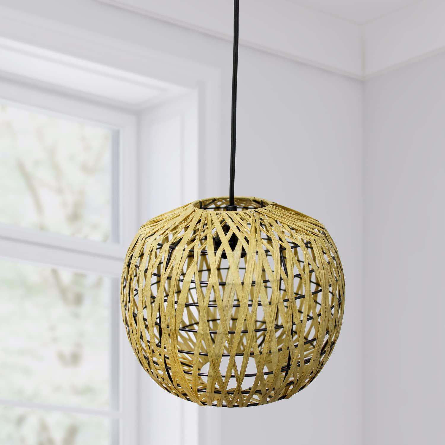 Elegant Designs Medium 11.38" Modern Bohemian 1-Light Rounded Woven Paper Rope Kitchen Foyer Hallway Bedroom Living Room Dining Room Hanging Ceiling Pendant, Natural