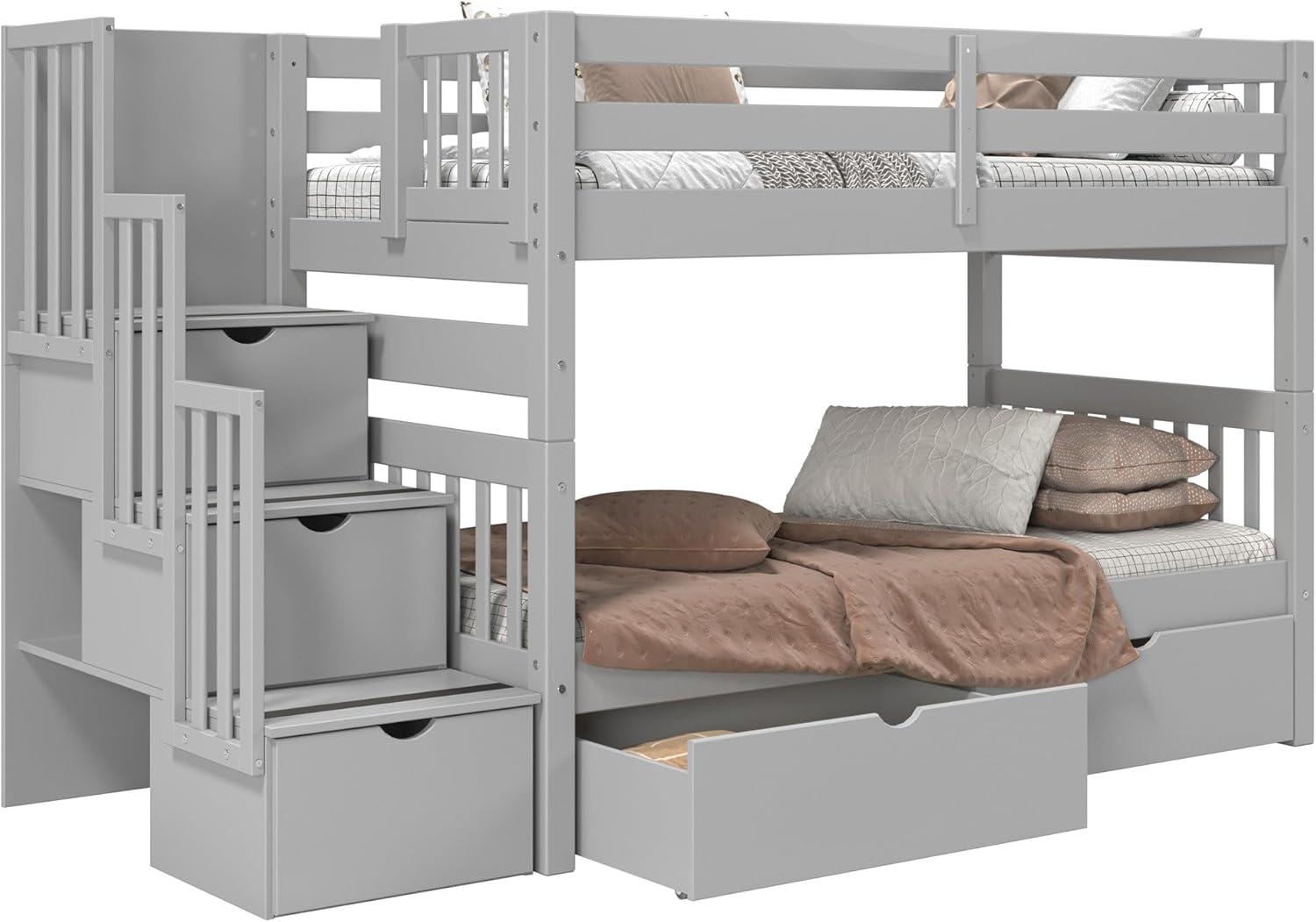 Bedz King Stairway Bunk Beds Twin over Twin with 3 Drawers in the Steps and 2 Under Bed Drawers, Dark Cherry