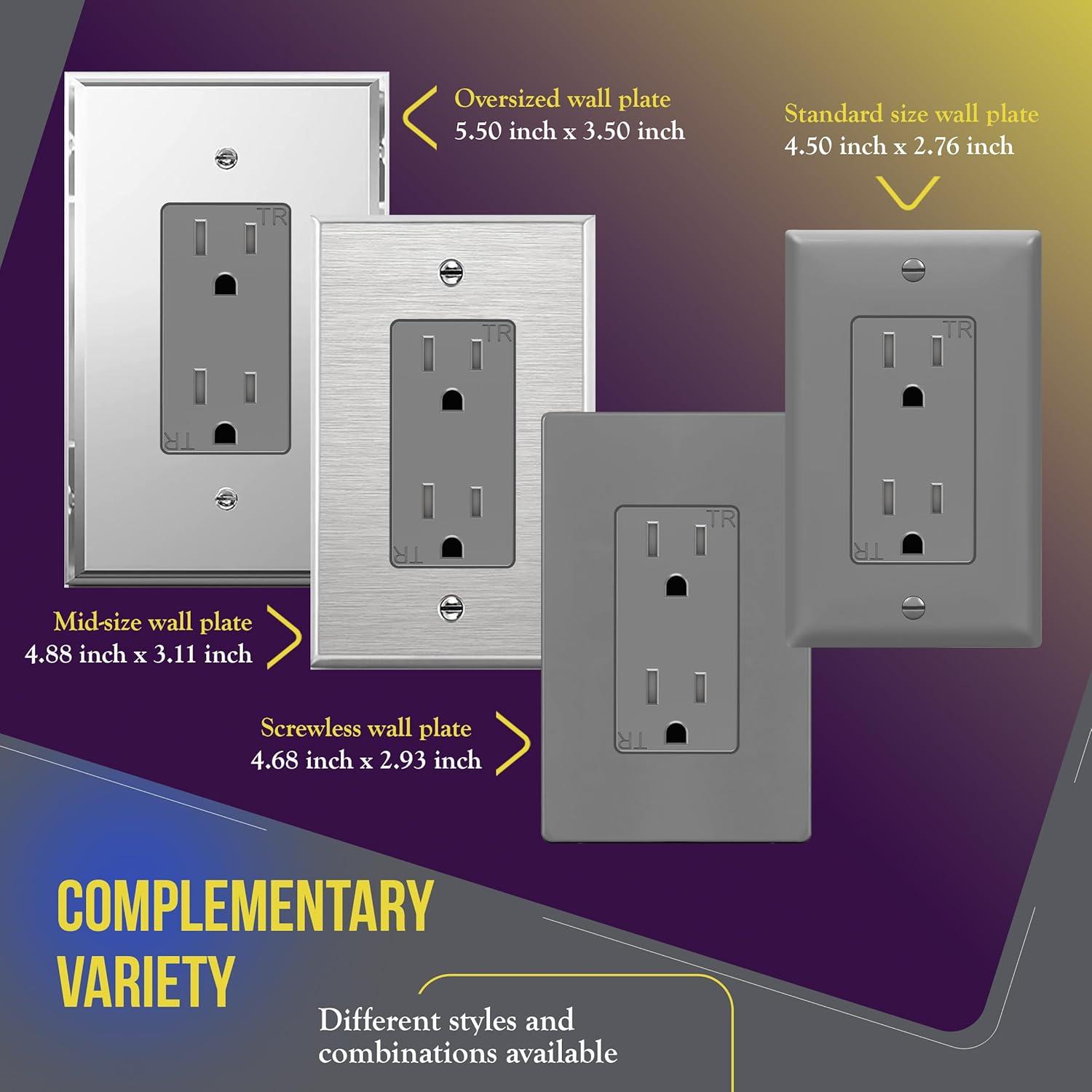 Gray Tamper-Resistant Decorator Receptacle Outlet with Wall Plate