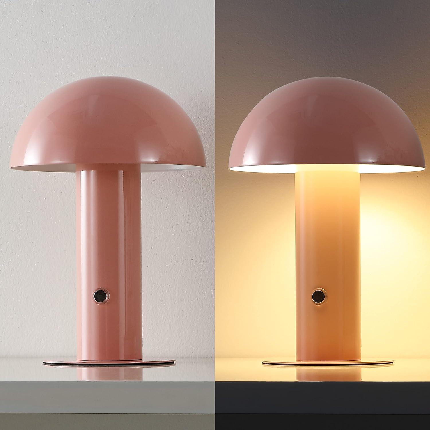 JONATHAN Y JYL7115F Boletus 10.75" Contemporary Bohemian Rechargeable/Cordless Iron Integrated Portable LED Mushroom Table Lamp, Modern, Coastal for living room, dinning room, bedroom, Pink