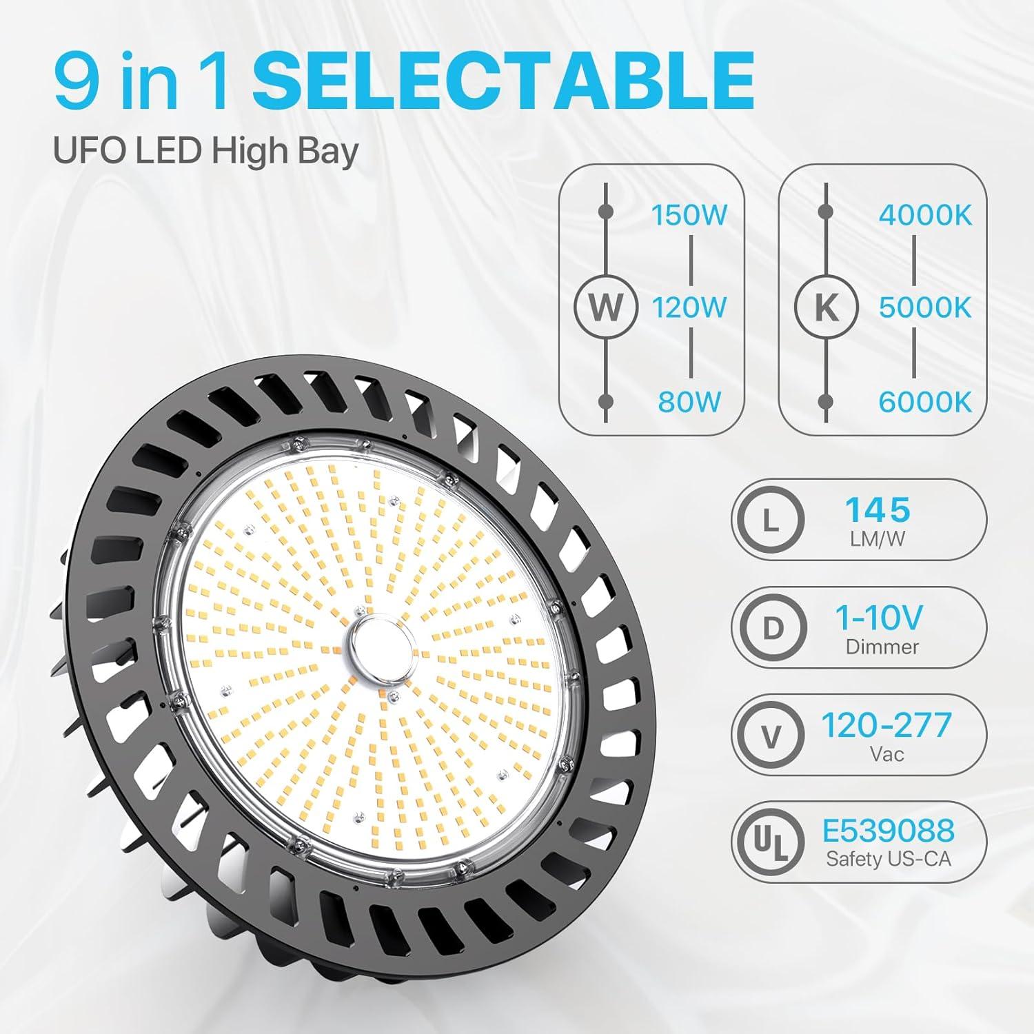 HYPERLITE UFO Led High Bay Light 150W 21,750lm 5000K 1-10V Dimmable High Bay Led Lights UL Listed US Hook 5' Cable Led High Bay Lights Alternative to 650W MH/HPS for Gym Factory Warehouse