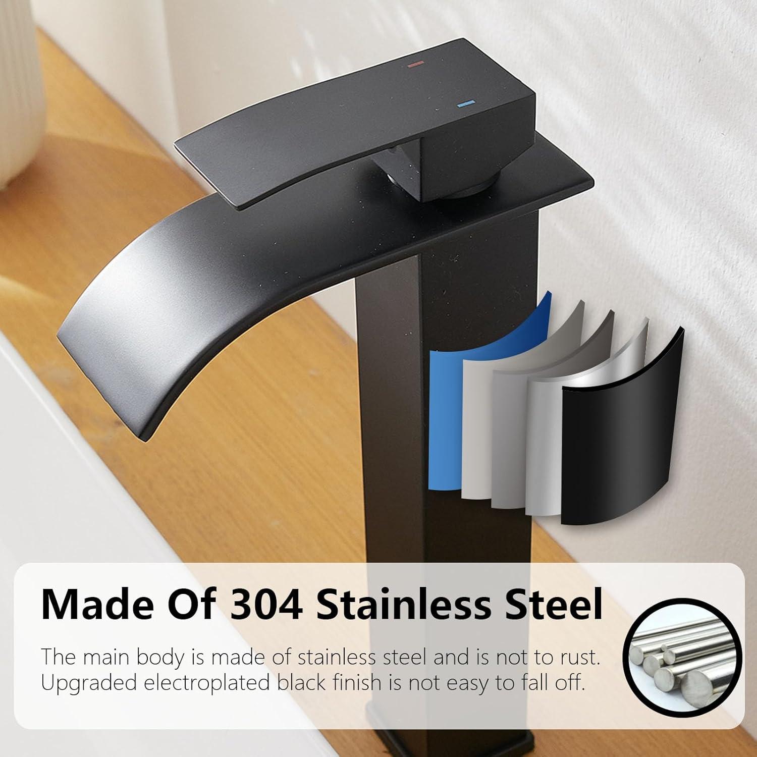 Waterfall Bathroom Faucet Single Handle，Bathroom Sink Faucet 1 Hole，Waterfall Faucet for Bathroom Sink，Vessel Sink Faucet Matte Black Tall Bathroom Faucet