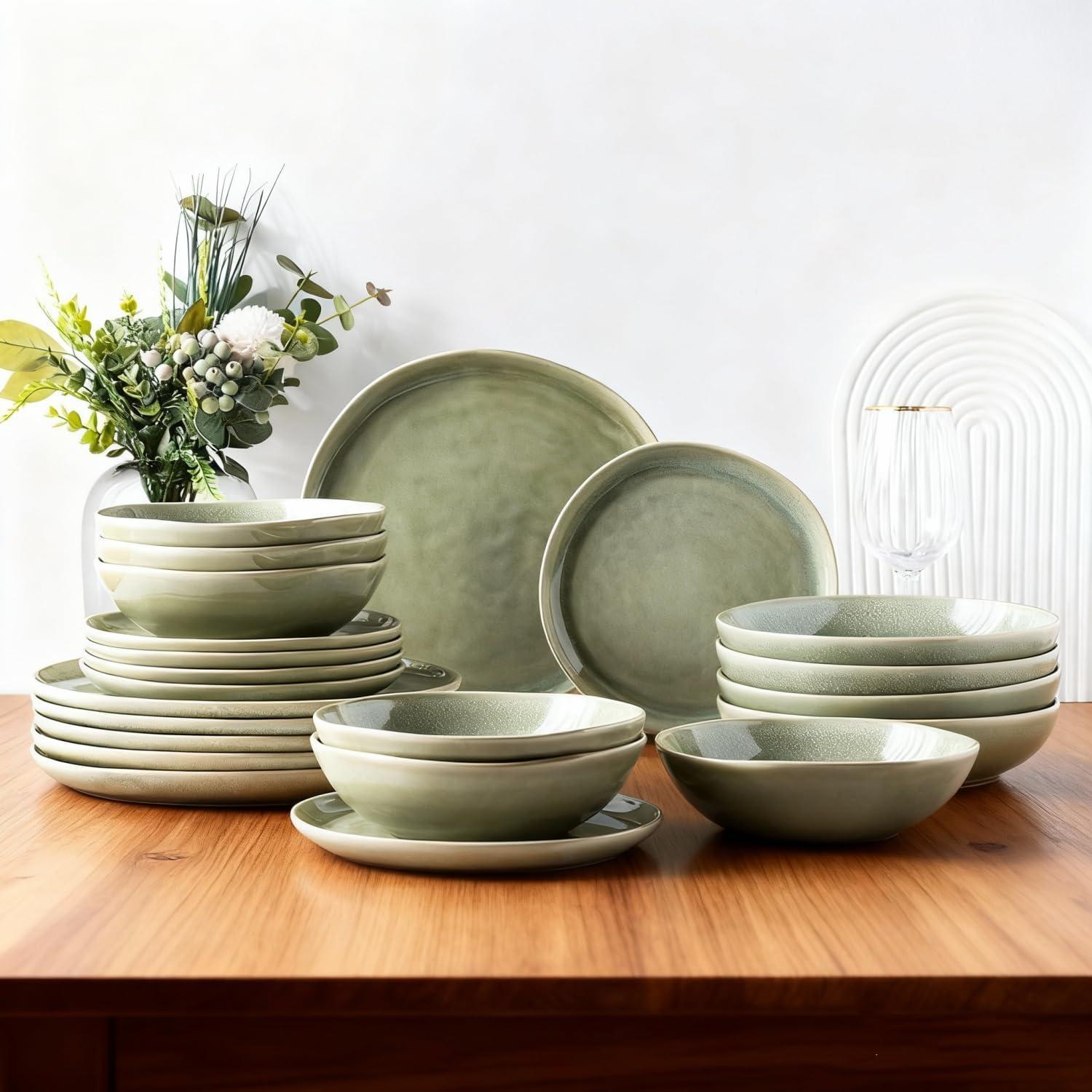 Olive Green and White Ceramic Dinnerware Set for 4