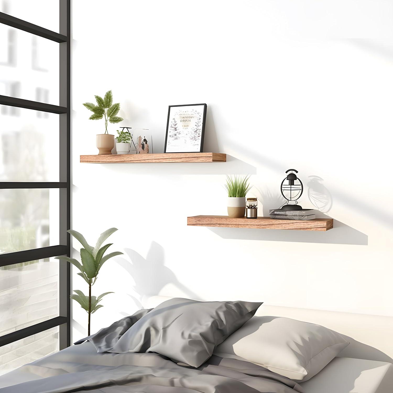 Set of 6 Light Brown Wooden Floating Wall Shelves