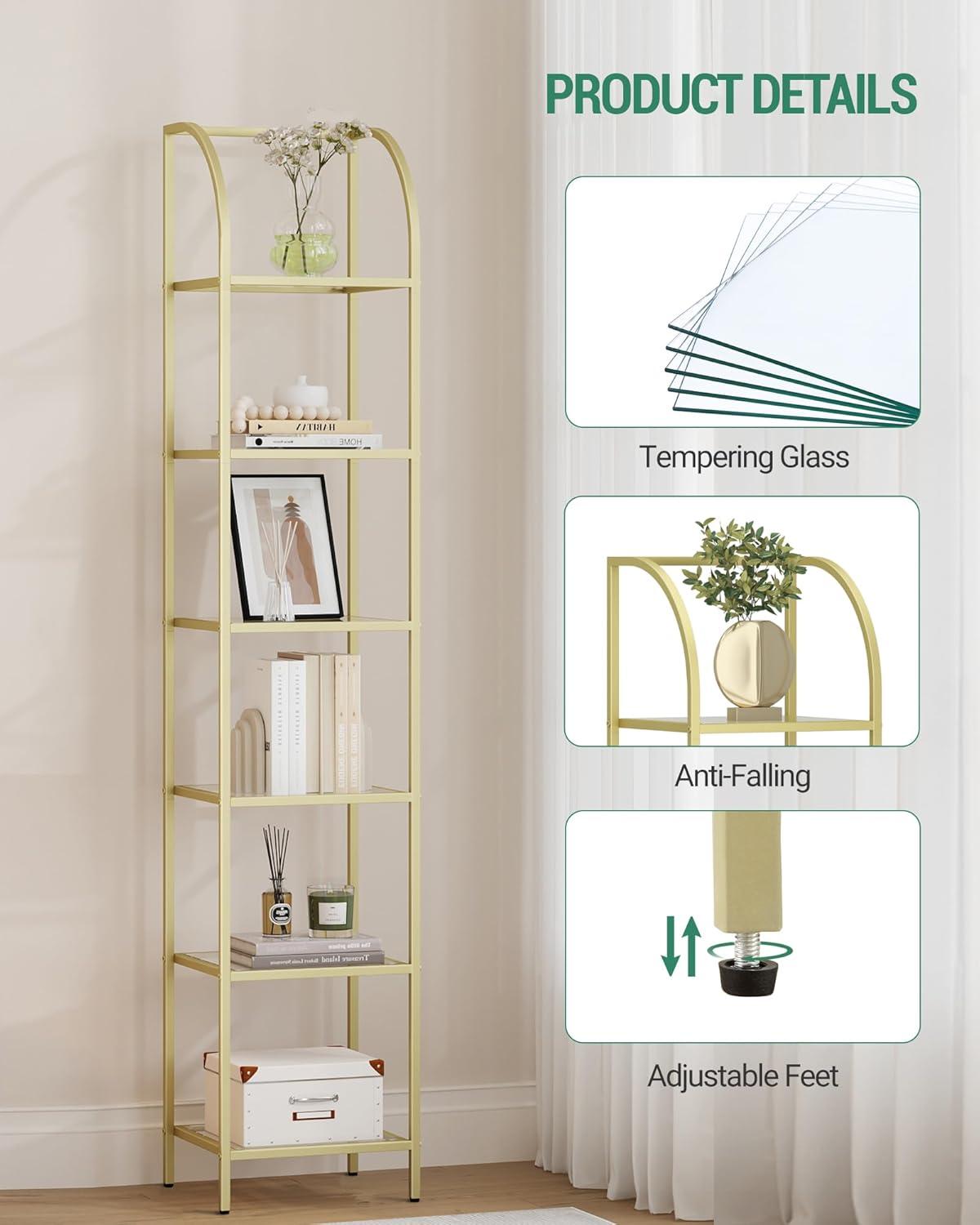 Mercer41 Bookcase Bookshelf, Tempered Glass Arched Bookshelf For More Storage, Slim Shelving Unit For Bedroom, Bathroom, Home Office, Steel Frame, 6 Tier Gold