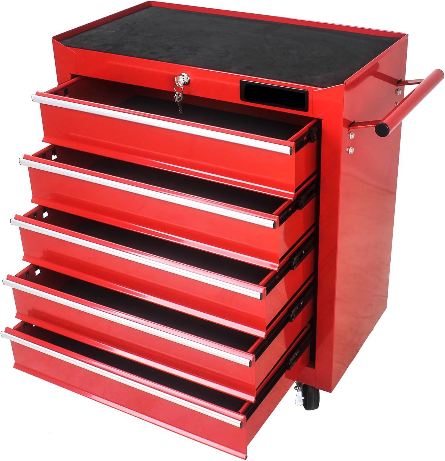 Multifunctional 5 Drawer Rolling Tool Chest, Powder-Coated Steel Construction Tool Cart with Pull Handle and lock for Garage, Warehouse, Workshop, Repair Shop, Red