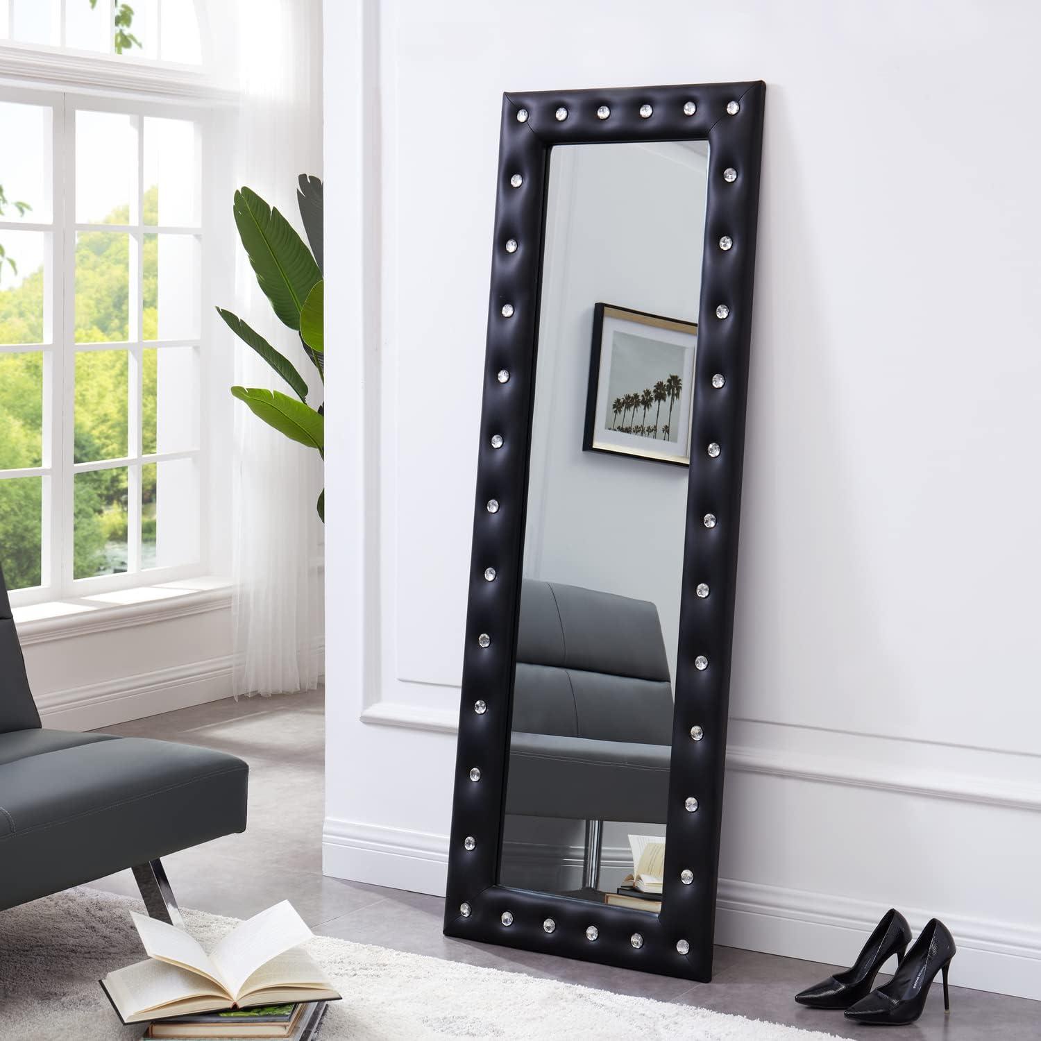 Crystal tufted Full length Mirror, Floor Mirror, Full Body Mirror for Home, Wall Mirror with Faux Wood Frame, 63"LX22"W Large Mirror for Bedroom, Leaner Mirror, Black Mirrors for Wall,