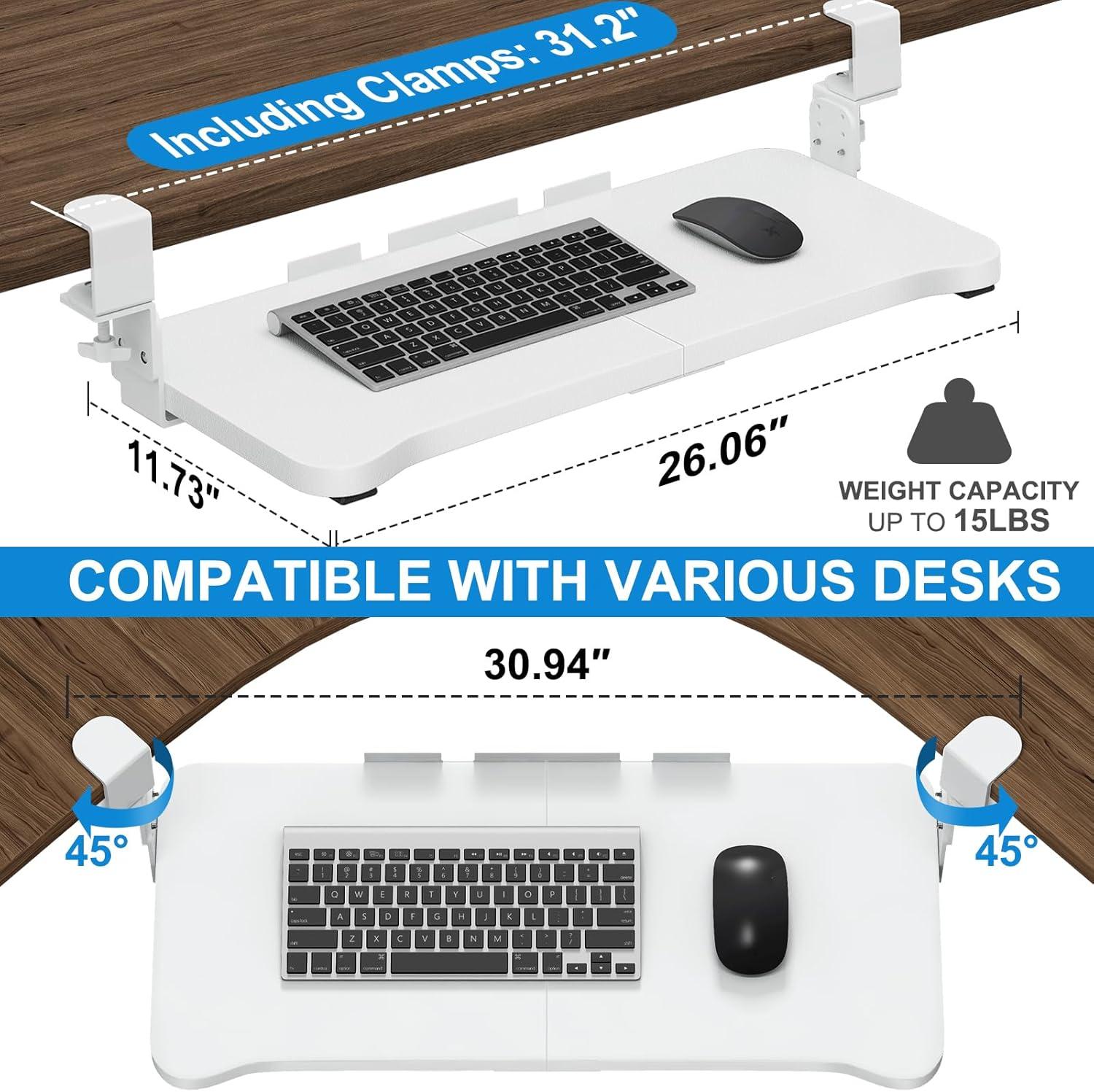 VIVO White Clamp-on Height Adjustable Keyboard and Mouse Under Desk Slider Tray