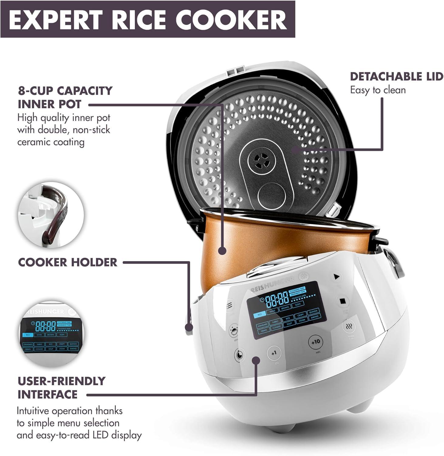 Reishunger Digital Rice Cooker and Steamer, Black, Timer - 8 Cups - Premium Inner Pot, Multi Cooker with 12 Programs & 7-Phase Technology for Brown Rice, Soups, Grains, Oatmeal & more - 1-8 People