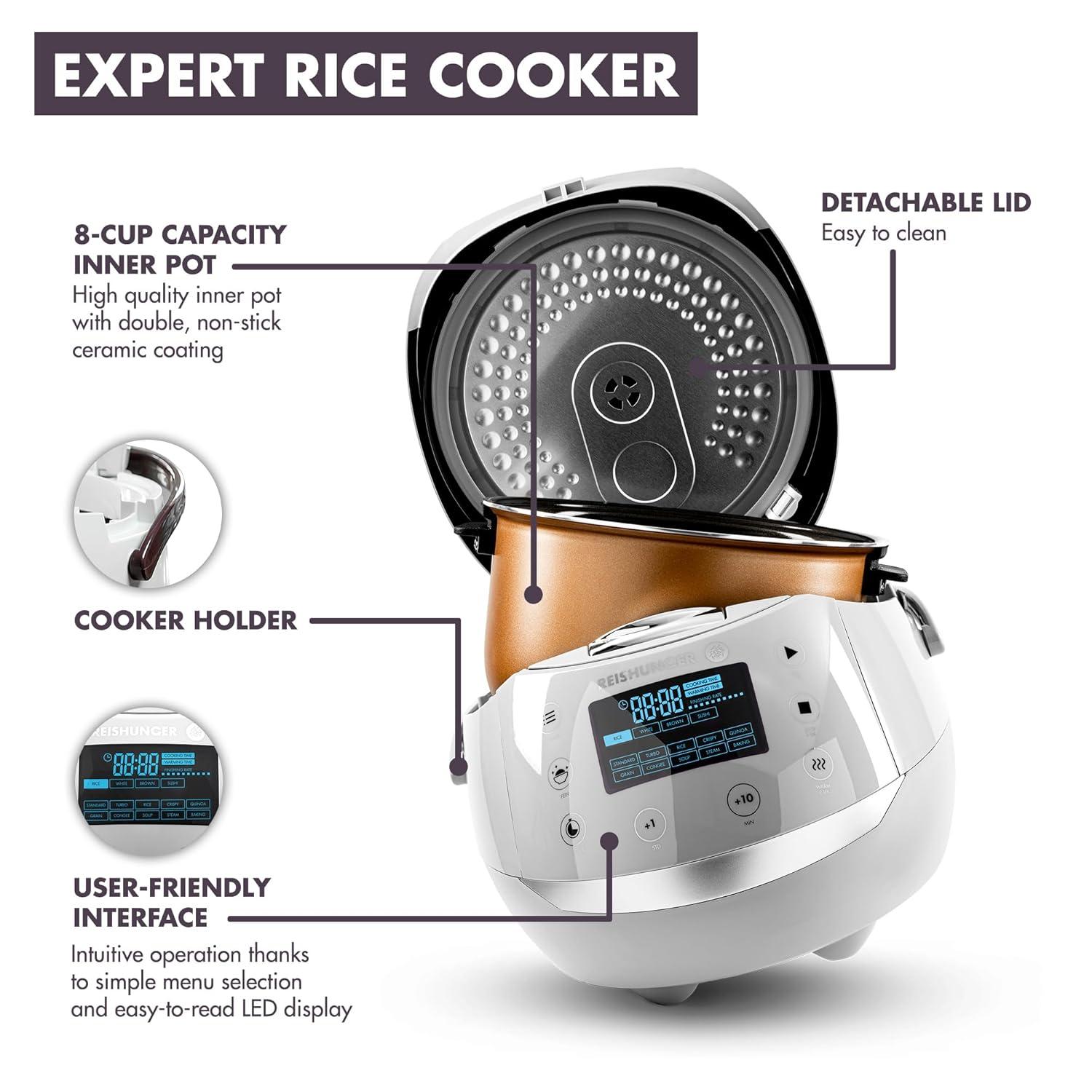 Reishunger Digital Rice Cooker and Steamer, Black, Timer - 8 Cups - Premium Inner Pot, Multi Cooker with 12 Programs & 7-Phase Technology for Brown Rice, Soups, Grains, Oatmeal & more - 1-8 People
