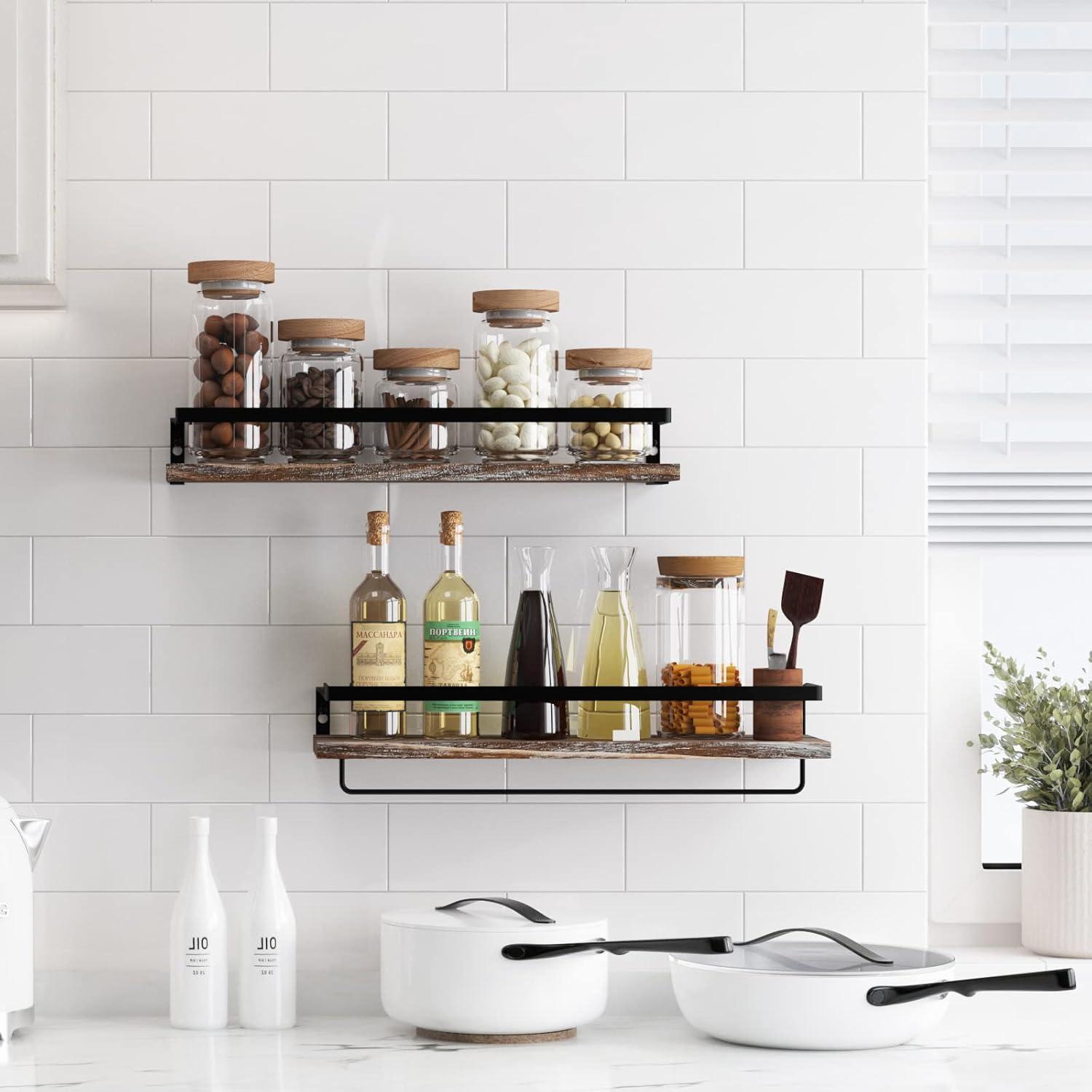 Whitewashed Gray Pine Floating Shelves with Towel Bar - Set of 2