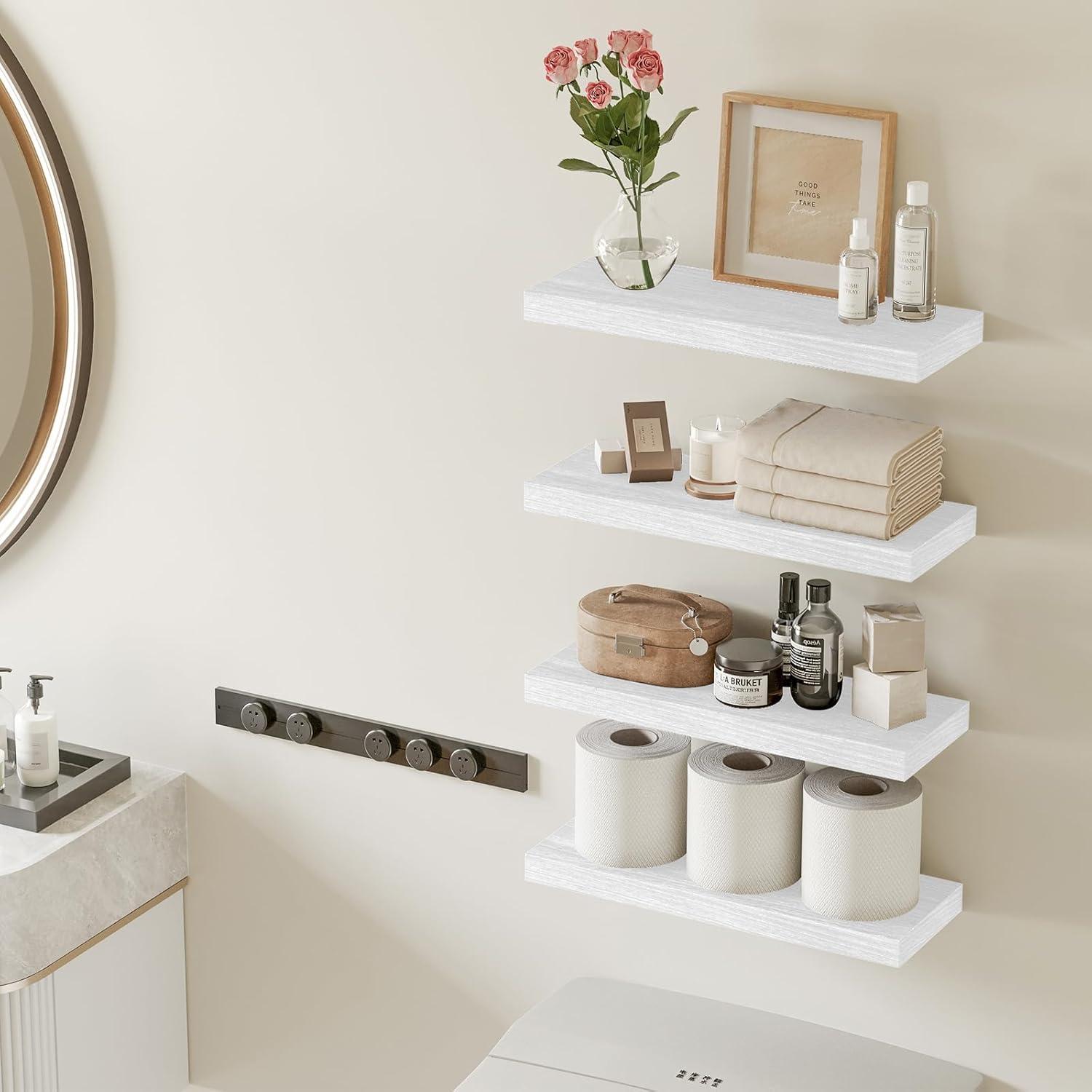 Fairy 15.8in Floating Shelves, Wall Shelves Set of 4, Shelves for Wall Decor, with Invisible Brackets, 15.8x1.2x5.5inches, White