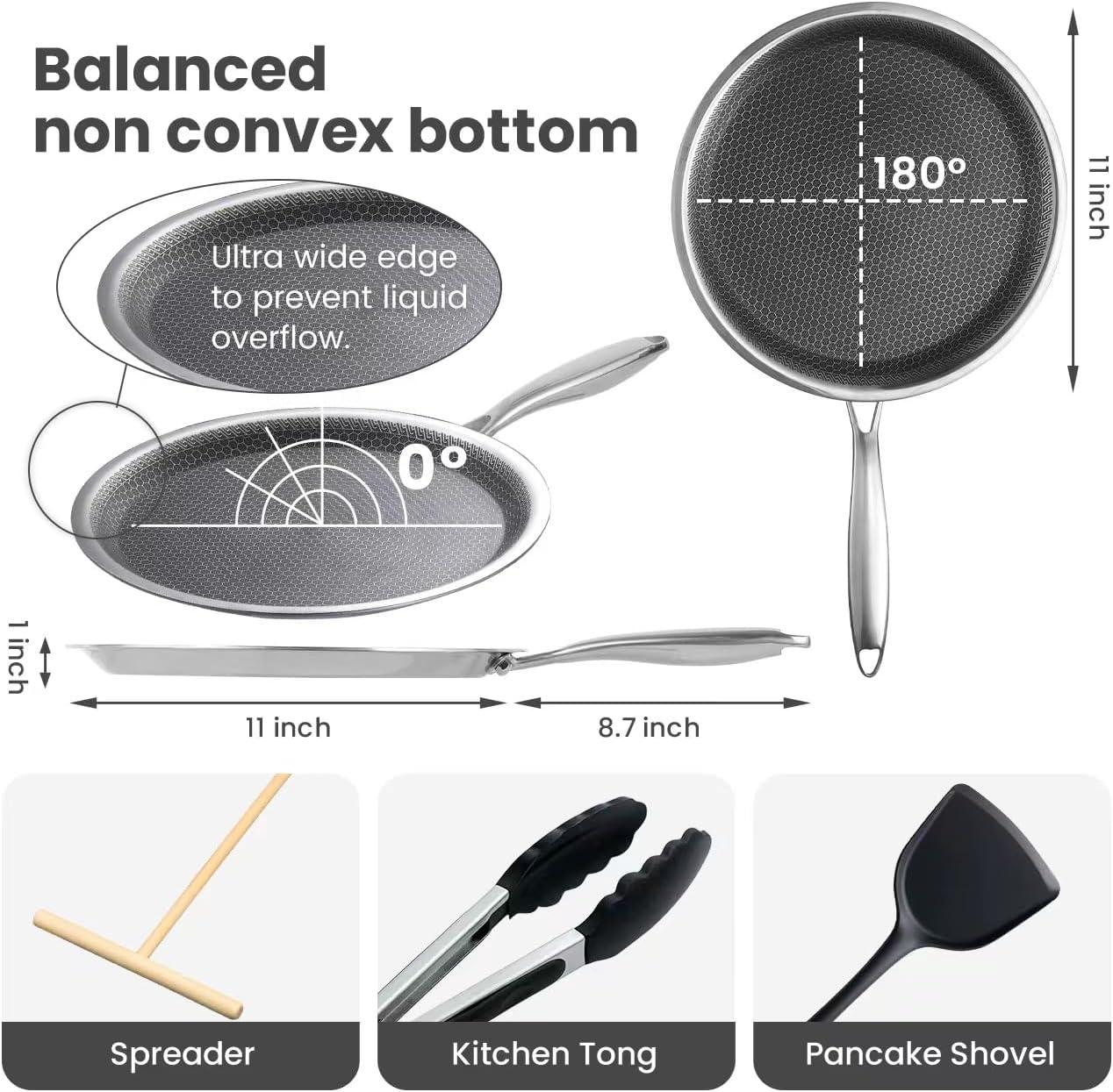 Innerwell 11'' Stainless Stee Nonstick Crepe Panl Honeycomb Coating Flat Skillet Tawa Dosa Tortilla Pan PFOA-Free,Omelet Pan with All Stove Tops Available