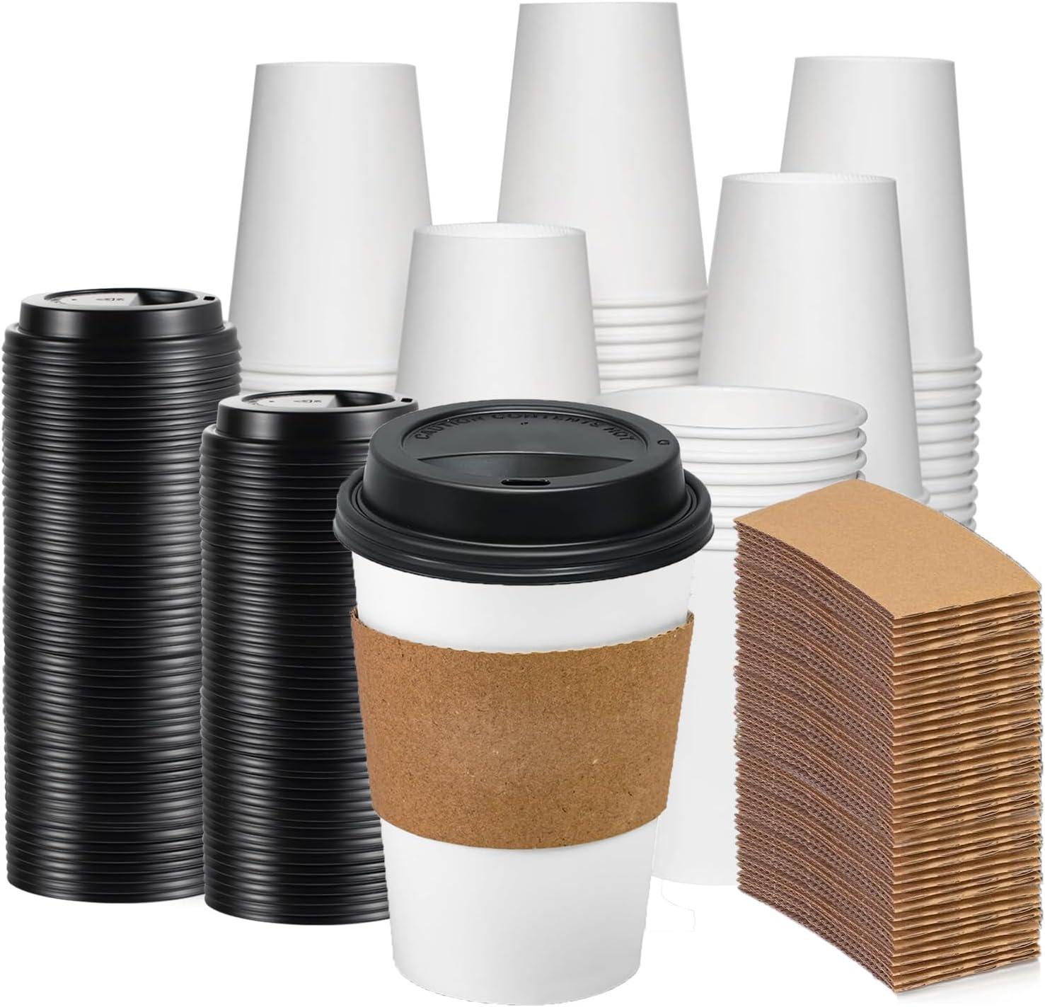 GUSTO 12 Oz Paper Cups Disposable Coffee Cups with Lids & Coffee Sleeves, 100 Sets