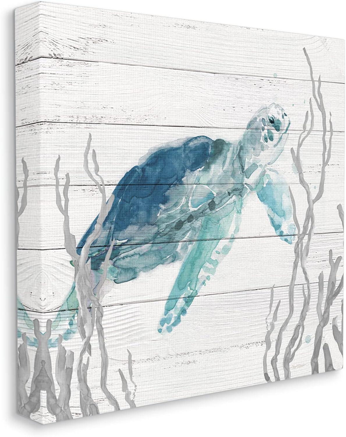 Stupell Industries Sea Turtle Ocean Botanicals Rustic Plank Pattern Graphic Art Gallery Wrapped Canvas Print Wall Art, Design by Carol Robinson