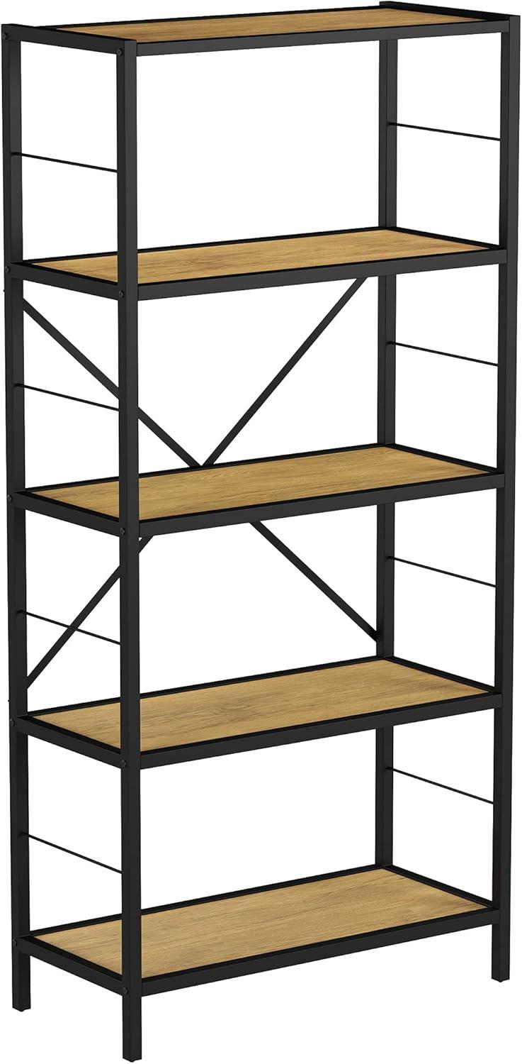 Industrial Oak Woodgrain 5-Tier Black Steel Bookshelf