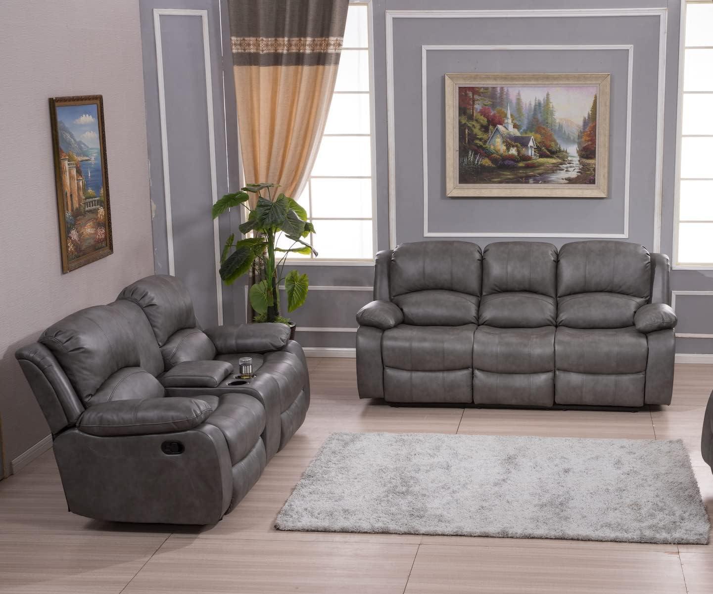 Gray Bonded Leather Reclining Sofa and Loveseat Set