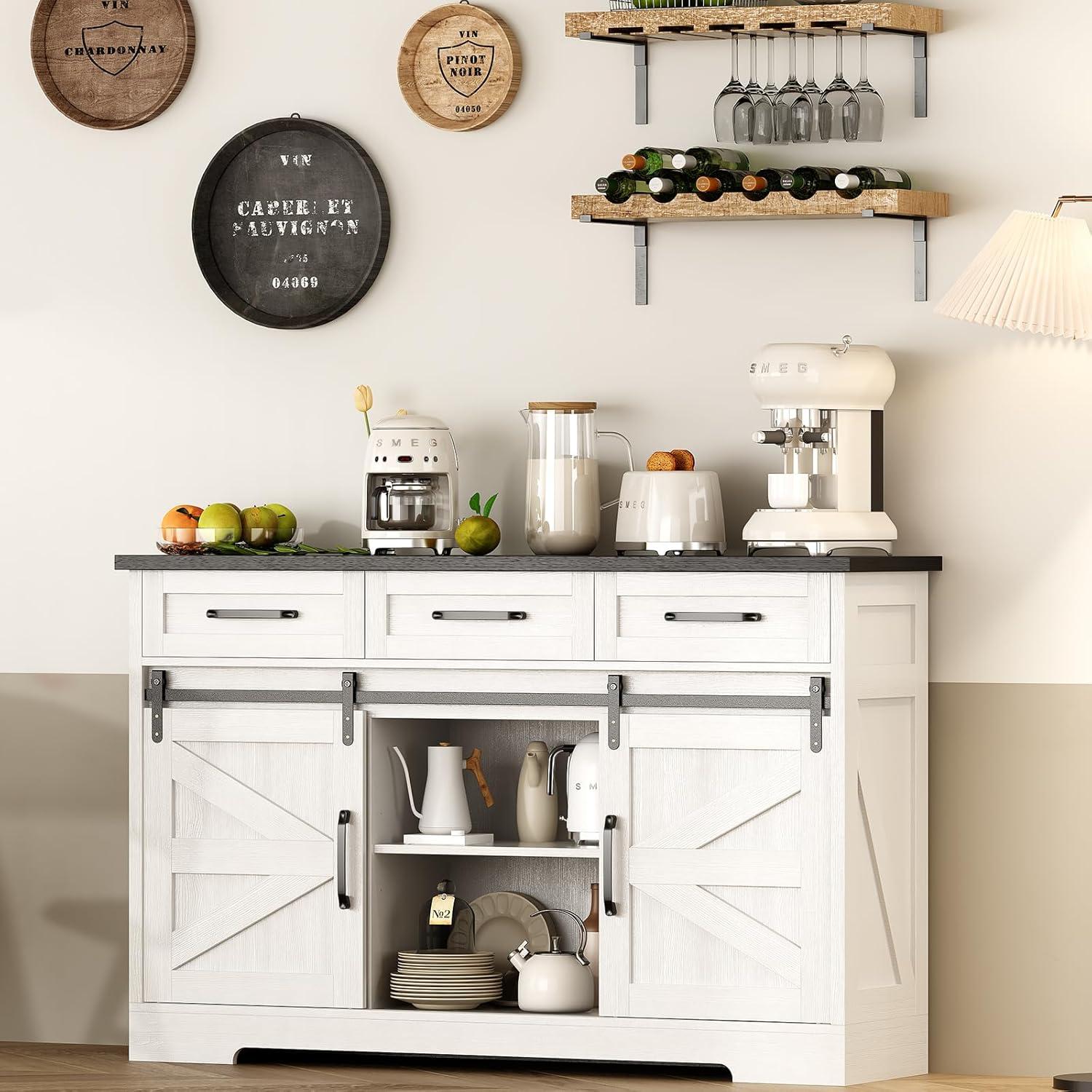 White Farmhouse Wood Sideboard Buffet Cabinet with Sliding Barn Door