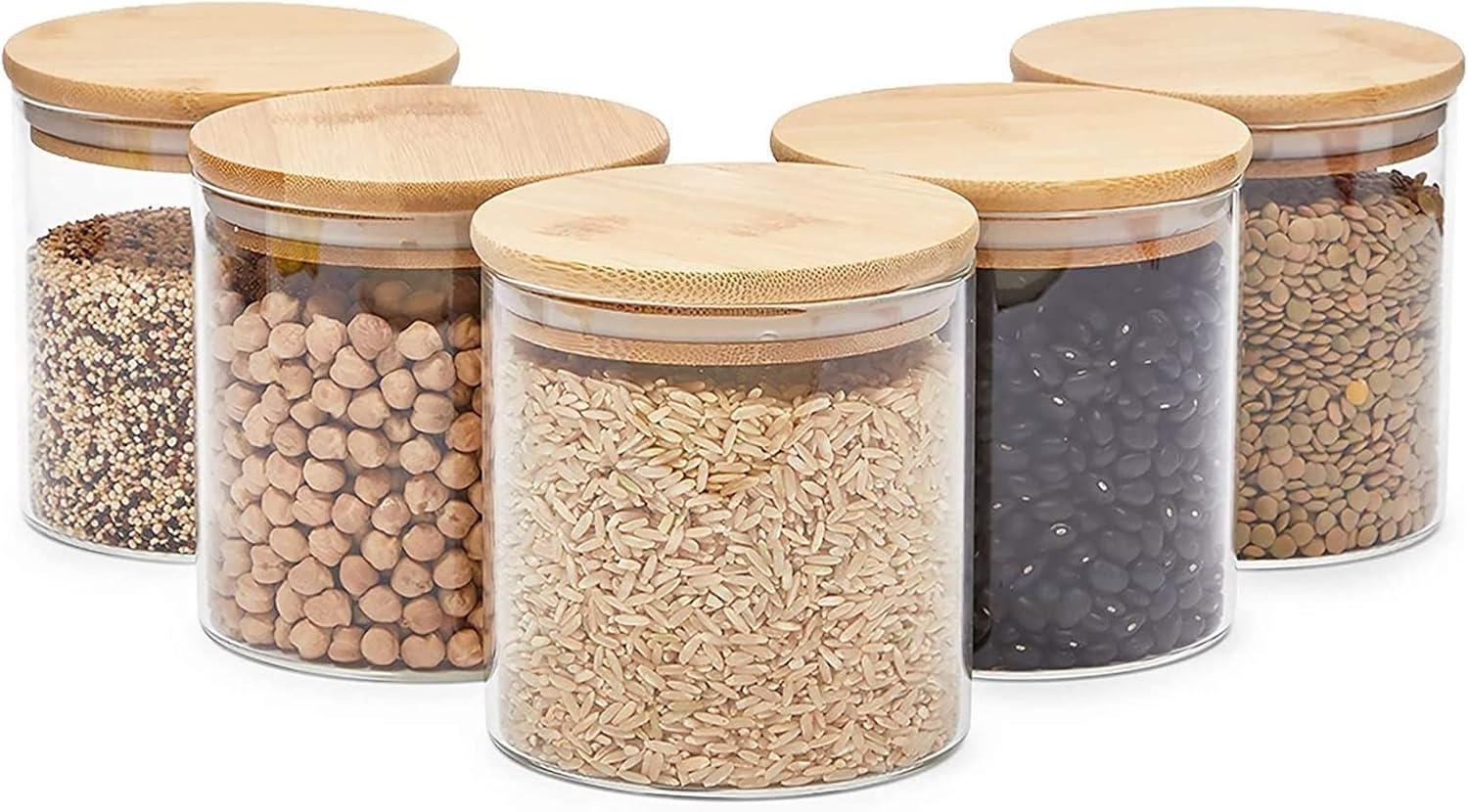 Glass Canisters with Airtight Bamboo Lids for Pantry Storage (4 x 4.13 In, 5 Pack)