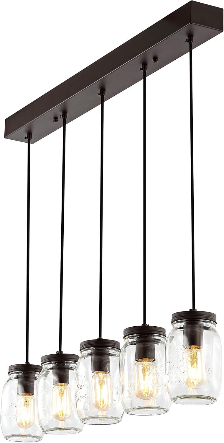 Gaines 33.25" 5-Light Farmhouse Industrial Iron Mason Jar Linear LED Pendant, Oil Rubbed Bronze/Clear