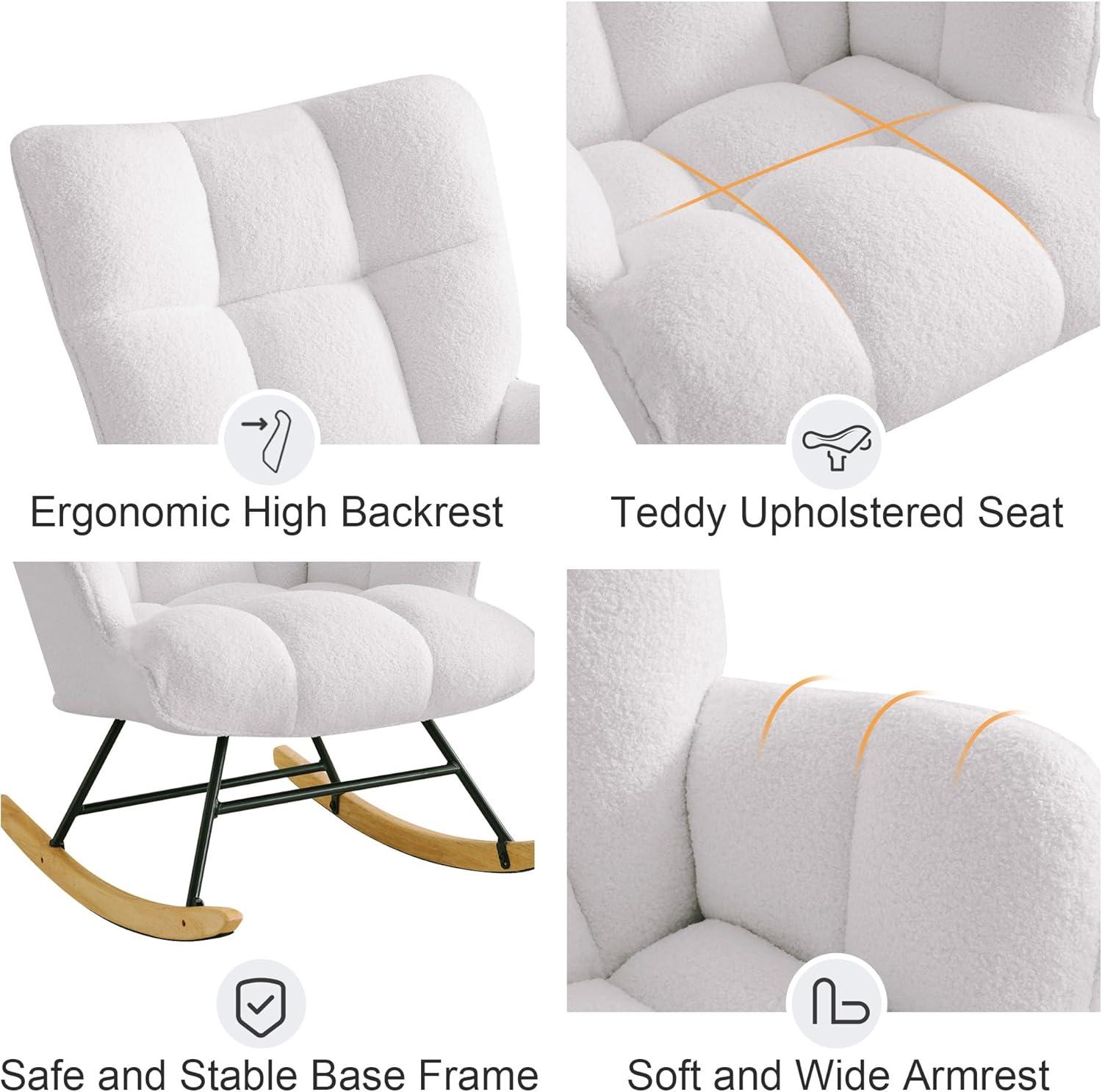 Nursery Rocking Chair Teddy, Upholstered Glider Rocker with High Backrest, Comfortable Stylish Accent Armchair with Padded Seat for Living Rooms, Bedrooms, Offices