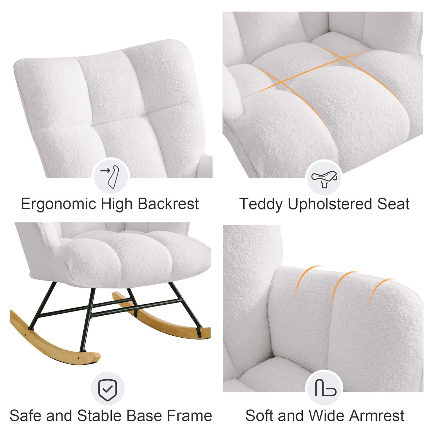 Nursery Rocking Chair Teddy, Upholstered Glider Rocker with High Backrest, Comfortable Stylish Accent Armchair with Padded Seat for Living Rooms, Bedrooms, Offices