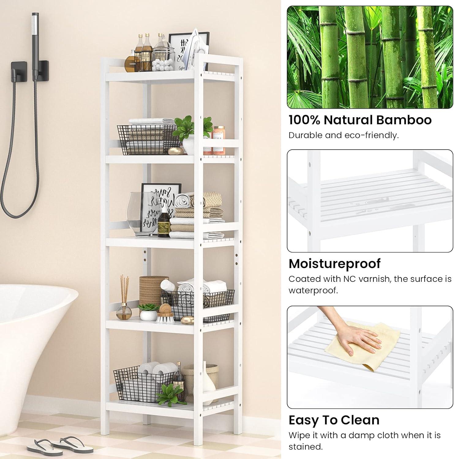 White Bamboo 5-Tier Adjustable Freestanding Bookshelf