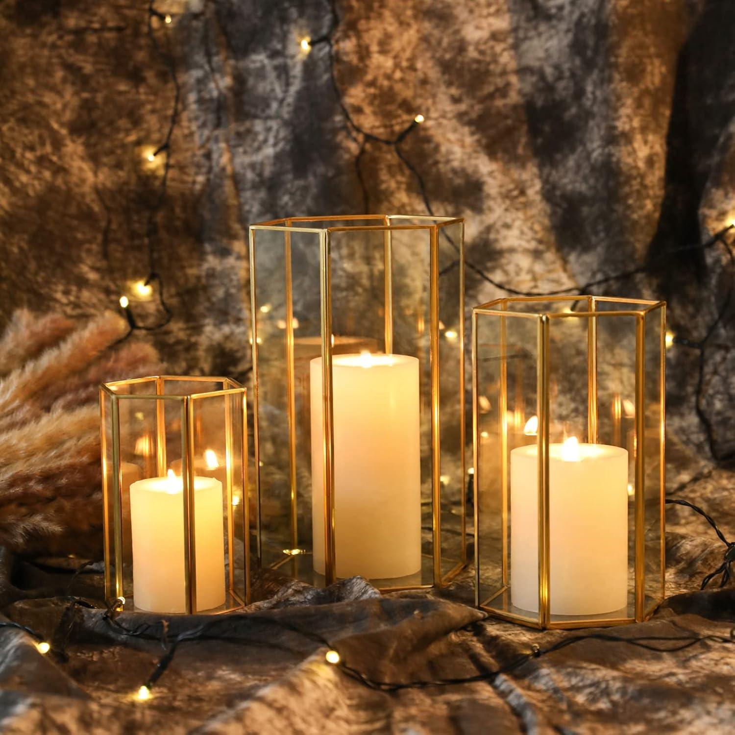 Phosphor Small Hurricane Candle Holder Set of 3 Pieces, Black Glass Candle Holder for Wedding, Party, Holiday.
