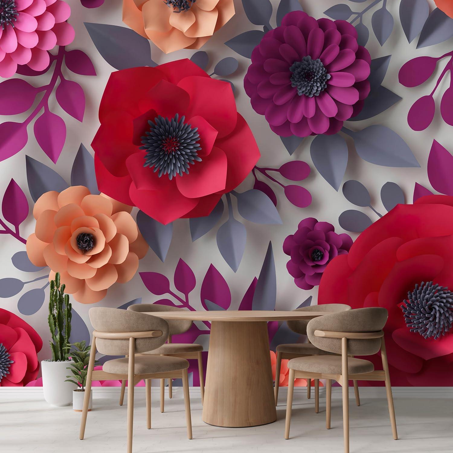 Large Pink and Red 3D Floral Vinyl Self-Adhesive Wallpaper
