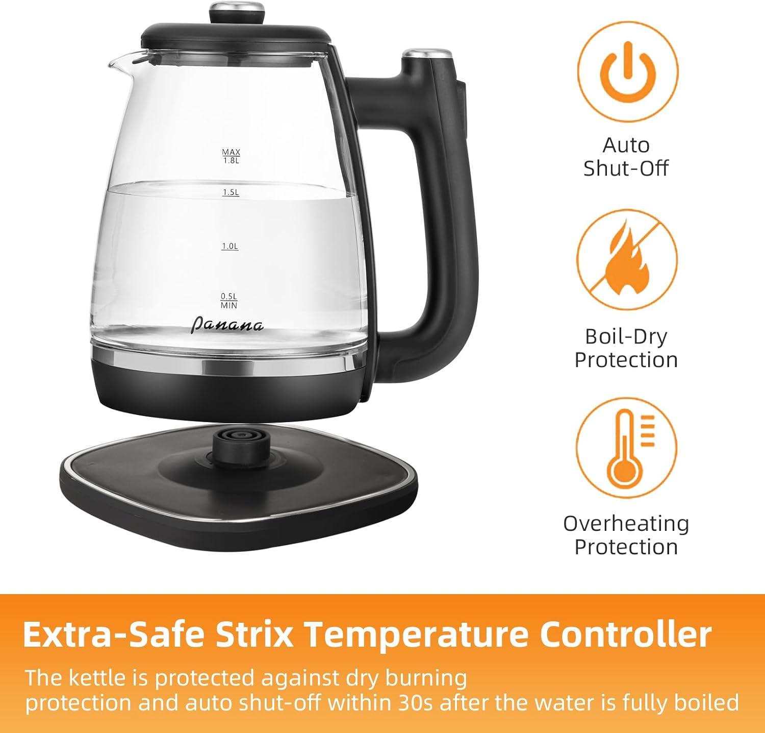 Panana Electric Kettle, Tea Kettle Pot, 1.8L, 1200W, Removable Stainless Steel Inner Lid for Easy Cleaning, Hot Water Kettle Teapot Boiler, Automatic Shut Off, BPA-Free