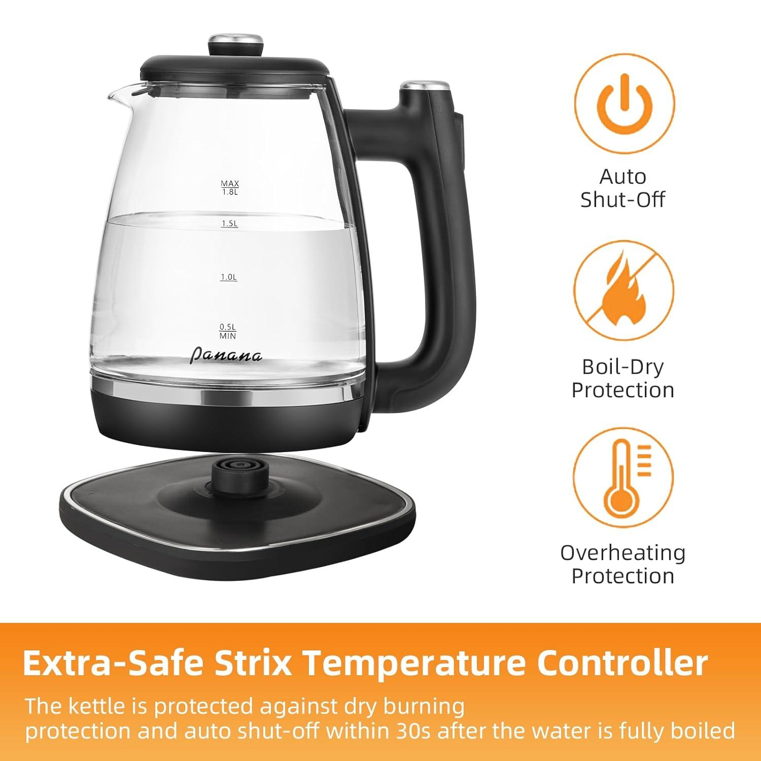 Panana Electric Kettle, Tea Kettle Pot, 1.8L, 1200W, Removable Stainless Steel Inner Lid for Easy Cleaning, Hot Water Kettle Teapot Boiler, Automatic Shut Off, BPA-Free