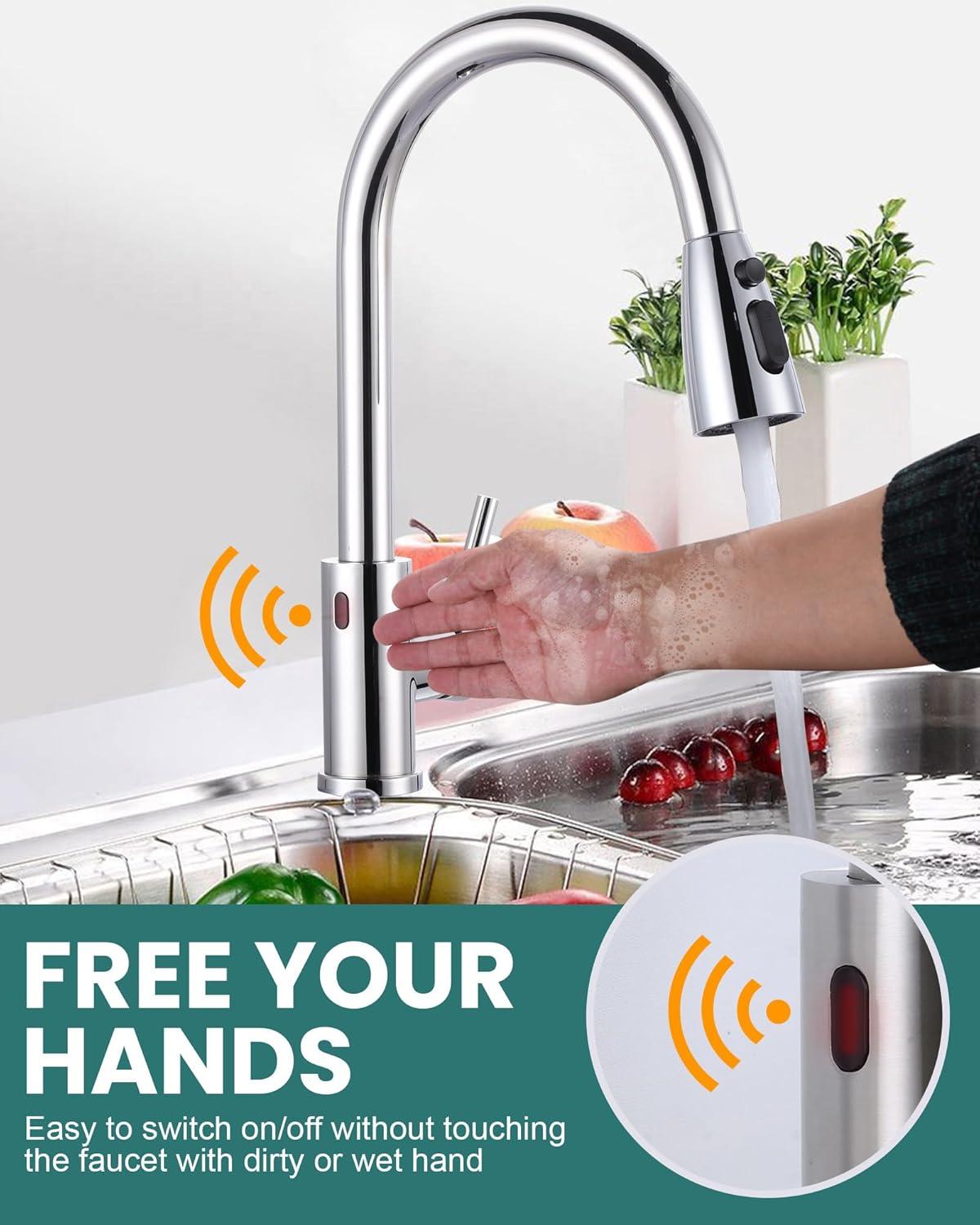 Touchless Kitchen Faucet Stainless Steel: WOWOW Smart Motion Sensor Kitchen Sink Faucet with Sprayer, Automatic Hand-Free Polished Chrome Kitchen Faucet for Sink 1 or 3 Hole