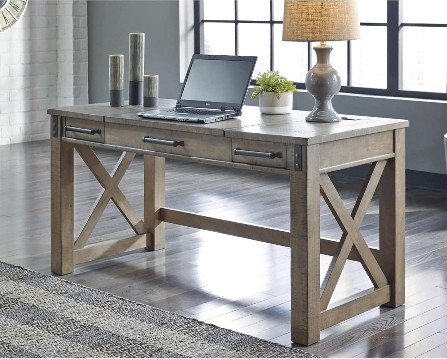 Rustic Farmhouse Gray Pine Corner Desk with Power Outlets and USB Ports