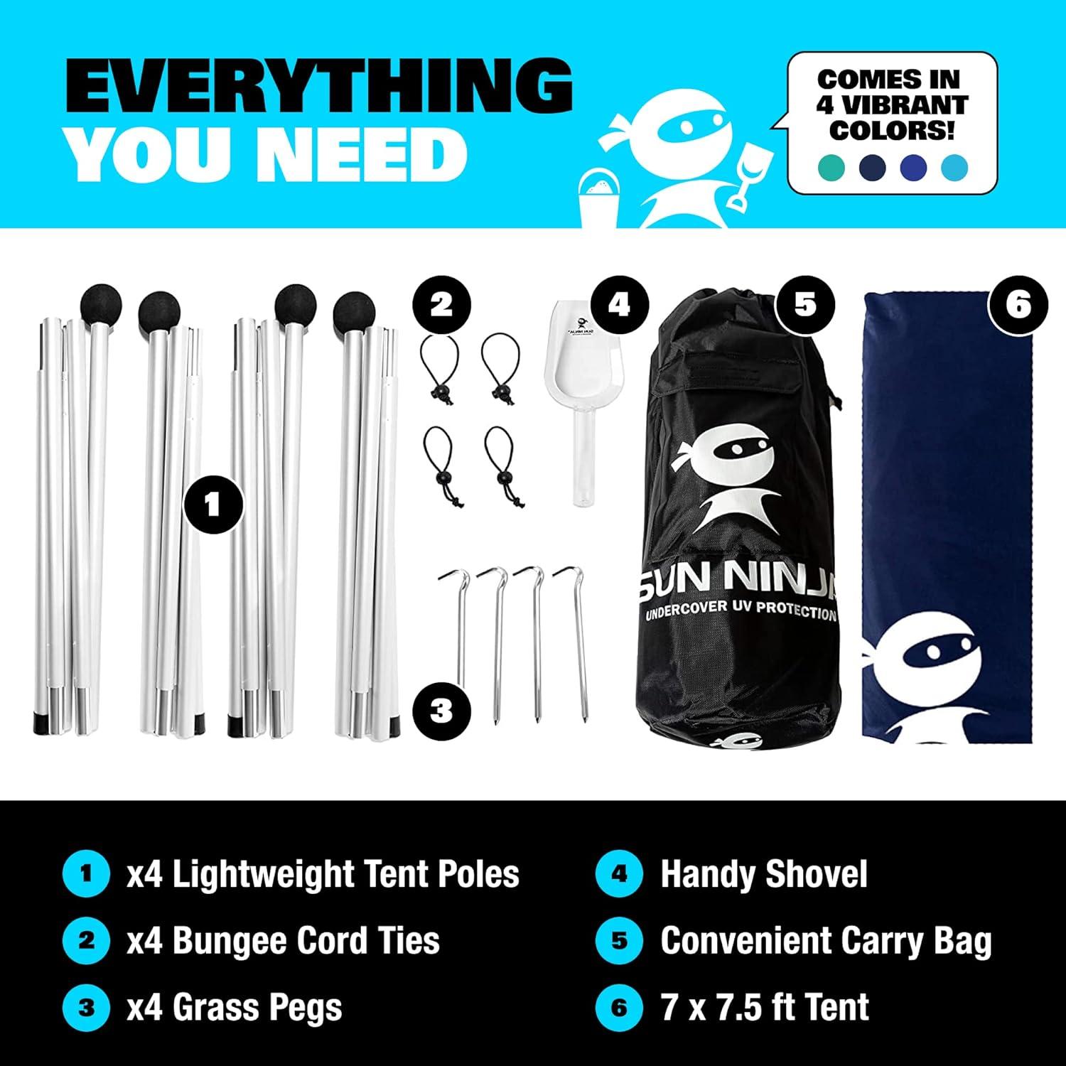 SUN NINJA 7x7.5 FT Pop-Up Beach Tent with Sand Shovel, Pegs & Stability Poles – Royal Blue Sun Shelter for Beach, Camping & Outdoor Use