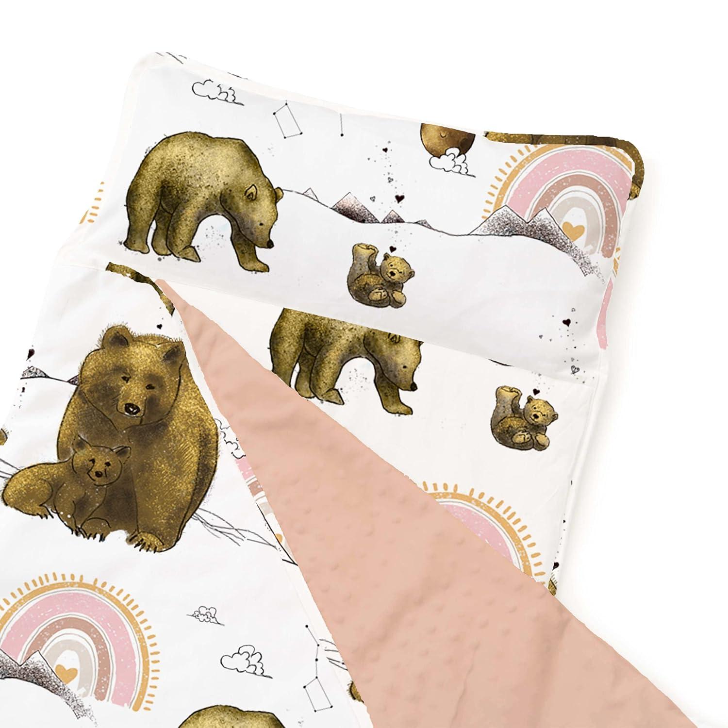 Extra Long Toddler Nap Mat - Sleeping Bag for Kids with Removable Pillow and Ultra Soft Blanket for Preschool, Daycare, and Sleepovers - Rainbow Bears