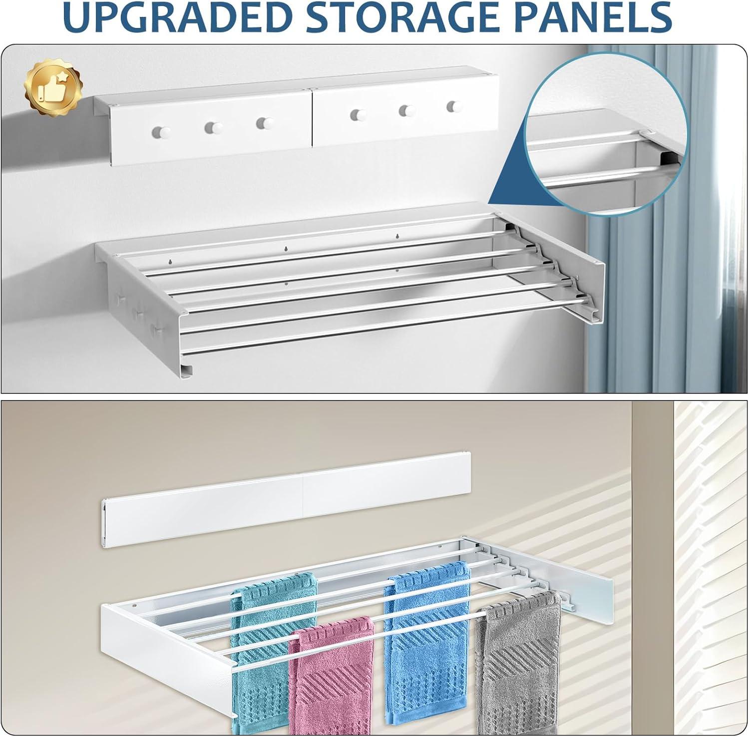 Wall Mounted Drying Rack with Top Shelf, 31.5 Inch Wide Drying Rack with 5 Aluminum Poles, 60 lbs Capacity, Suitable for Swimming Pools, Bathrooms, Living Rooms, Indoor Outdoor