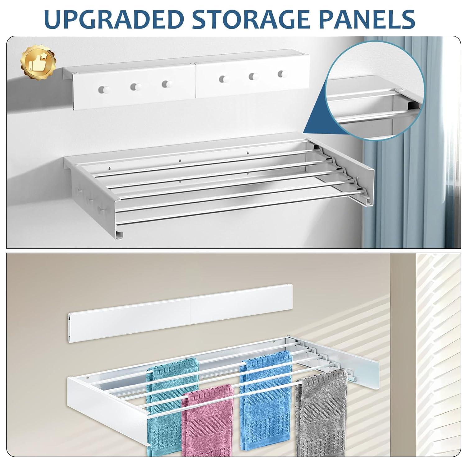 Wall Mounted Drying Rack with Top Shelf, 31.5 Inch Wide Drying Rack with 5 Aluminum Poles, 60 lbs Capacity, Suitable for Swimming Pools, Bathrooms, Living Rooms, Indoor Outdoor
