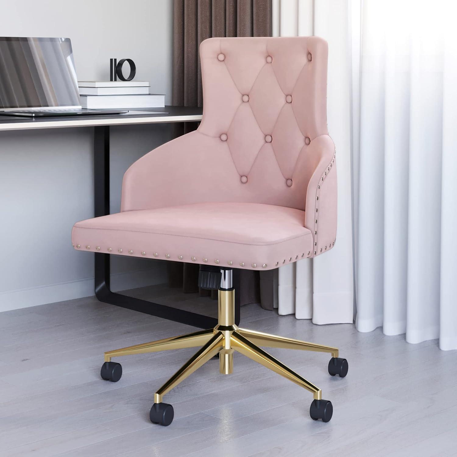 BELLEZE Belden Swivel Computer Desk Chair, Button-Tufted Upholstered Fabric with Nailhead Trim, Mid-Back Accent Armchair Adjustable Height, Pink & Gold