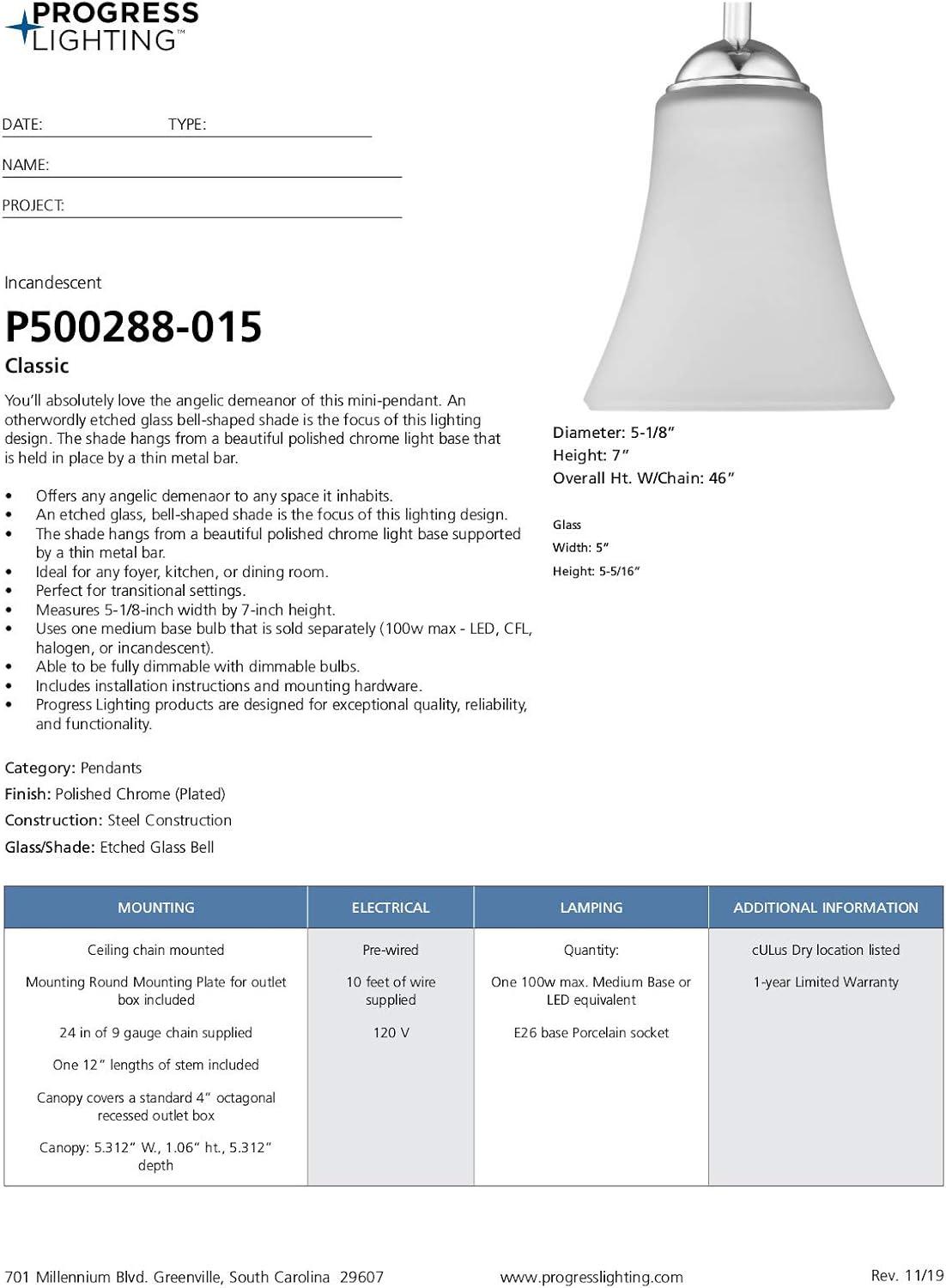 Progress Lighting, Angelic Collection, 1-Light Mini-Pendant, Polished Chrome, Etched Glass Shade