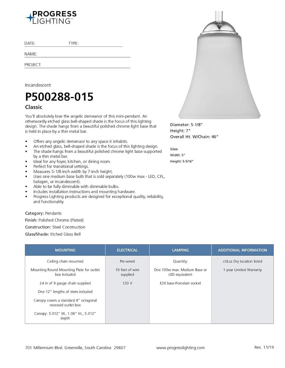 Progress Lighting, Angelic Collection, 1-Light Mini-Pendant, Polished Chrome, Etched Glass Shade