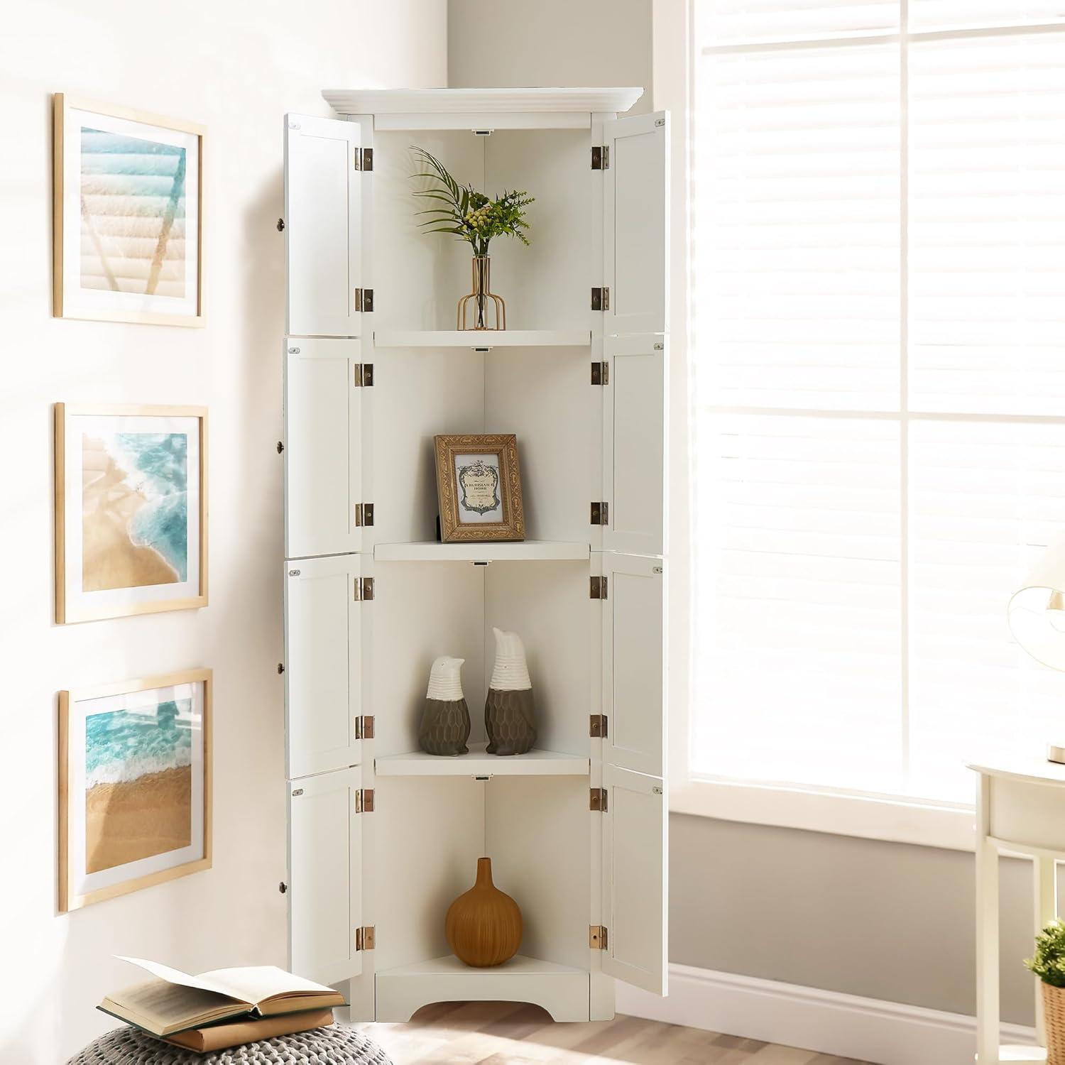 White Tall Corner Cabinet with Adjustable Shelving and 8 Doors