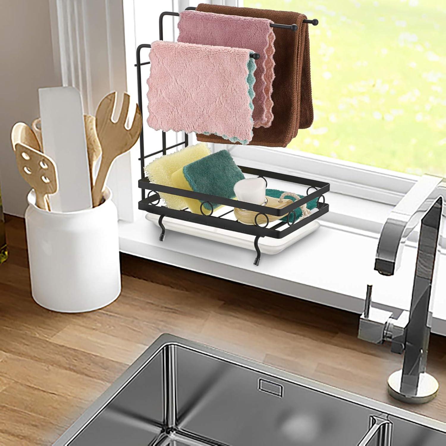 JUXYES Kitchen Sink Caddy Sponge Holder with Dishcloth Drying Rack, Kitchen Rag Stand Sponge Brush Soap Dish Dishcloth Rack Sink Storage Organizer for Kitchen Countertop (Black)