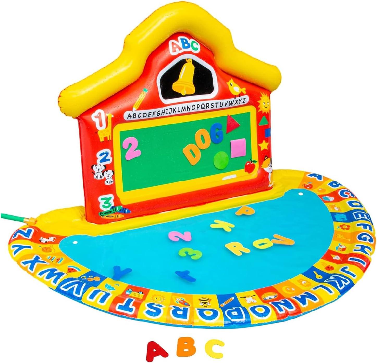 Banzai Jr School Splash Inflatable Educational Learning Schoolhouse Water Play Mat with 39 Letters, Numbers, and Shapes for Ages 3+