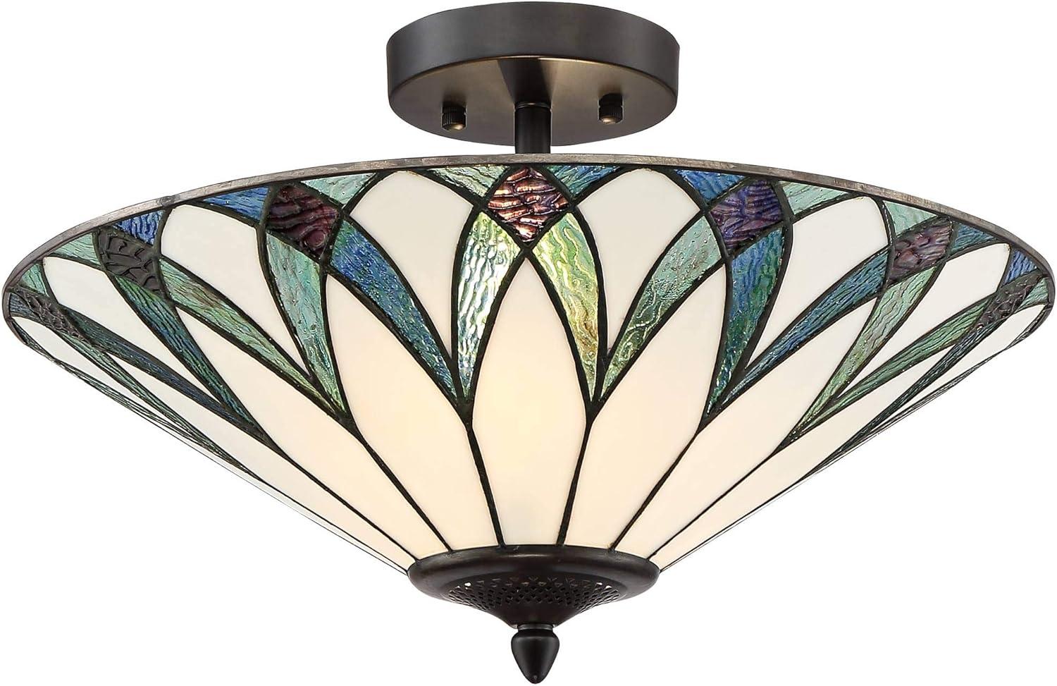 Regency Hill Filton Tiffany Style Ceiling Light Semi Flush Mount Fixture 18" Wide Bronze 2-Light Blue Green Art Glass for Bedroom Kitchen Living Room