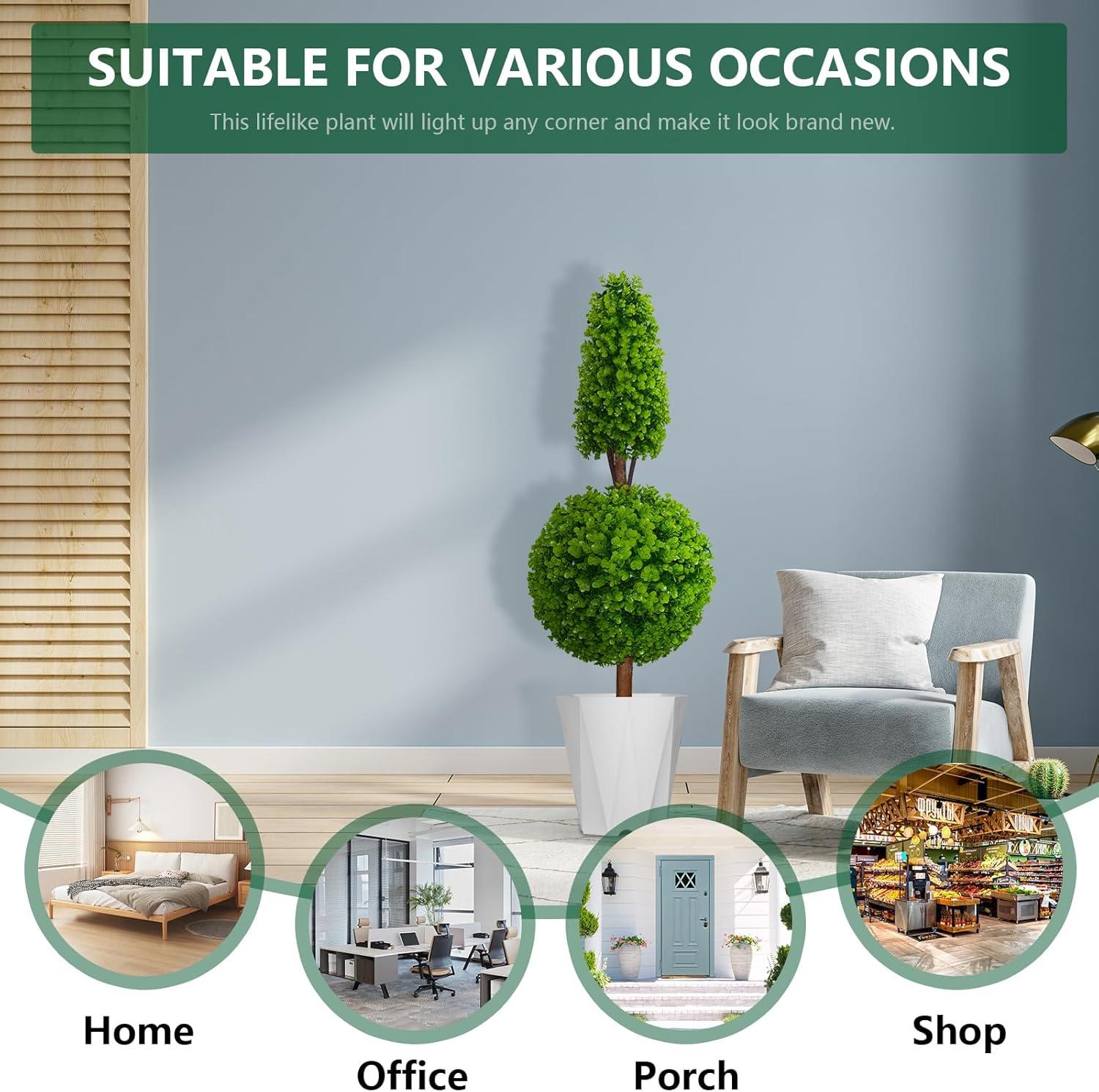22’’ Faux Boxwood Topiary Ball Tree Set of 2, Artificial Plants Outdoor Weather Resistant, Cement-Filled Potted Bushes, Evergreen Topiary Trees Artificial for Porch Decoration Indoor Outdoor