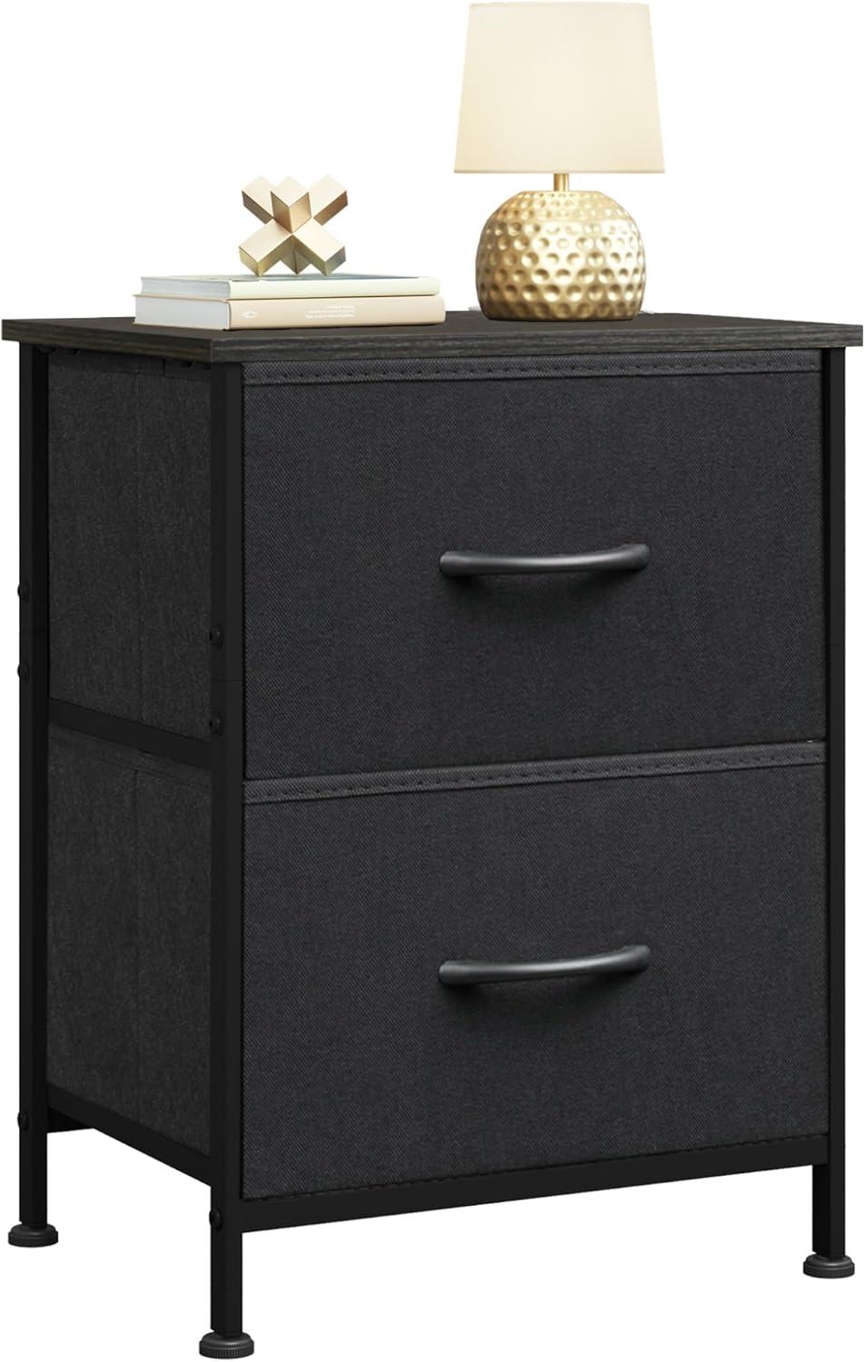 WLIVE Black Nightstand, Small Dresser for Bedroom with 2 Fabric Drawer, Bed Side Table with Drawers, End Table Bedside Furniture, Sturdy Steel Frame, Wood Top, Closet Organizer, College Dorm