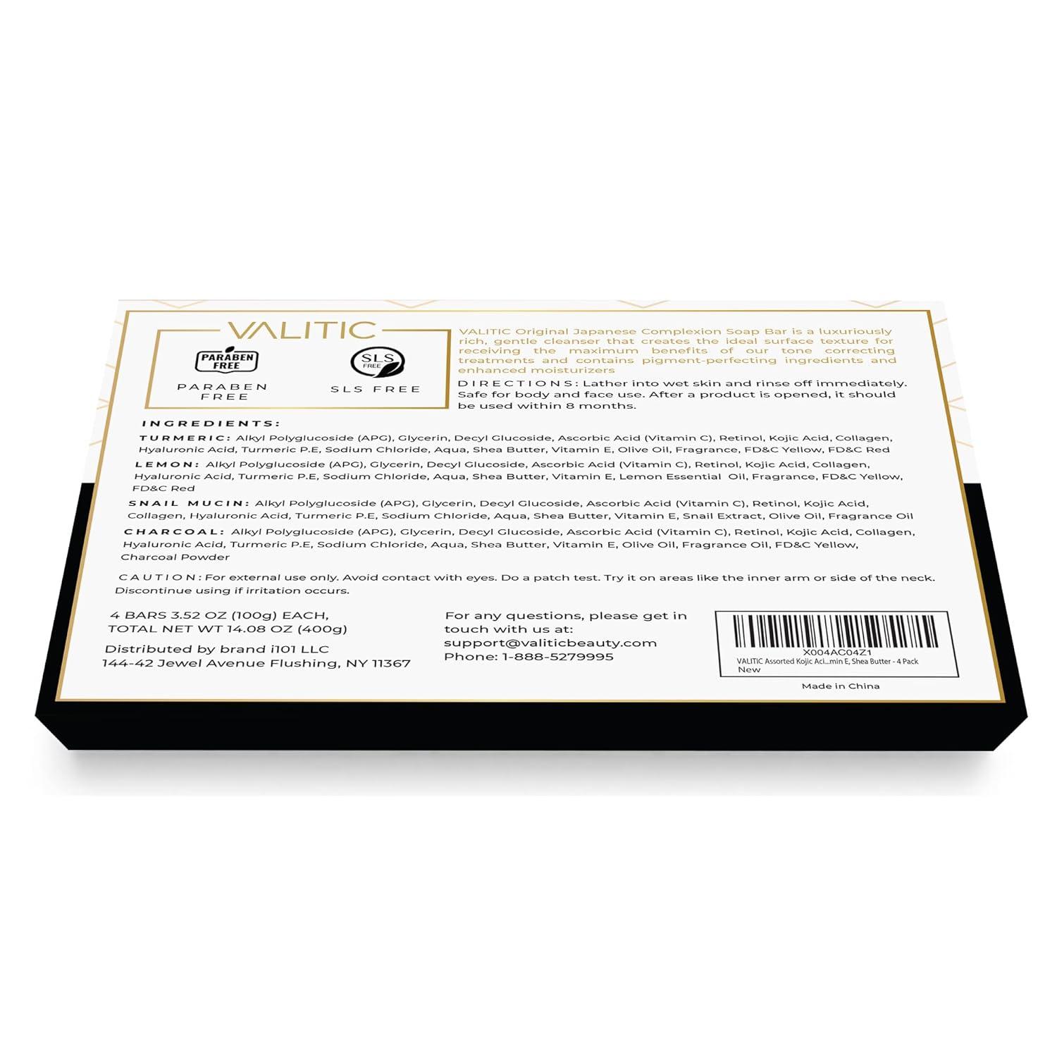 VALITIC Kojic Acid Soap Bars - Turmeric, Snail Mucin, Charcoal and Lemon - 4 Assorted Dark Spot Remover Soaps with Hyaluronic Acid, Vitamin C, Vitamin E and Shea Butter