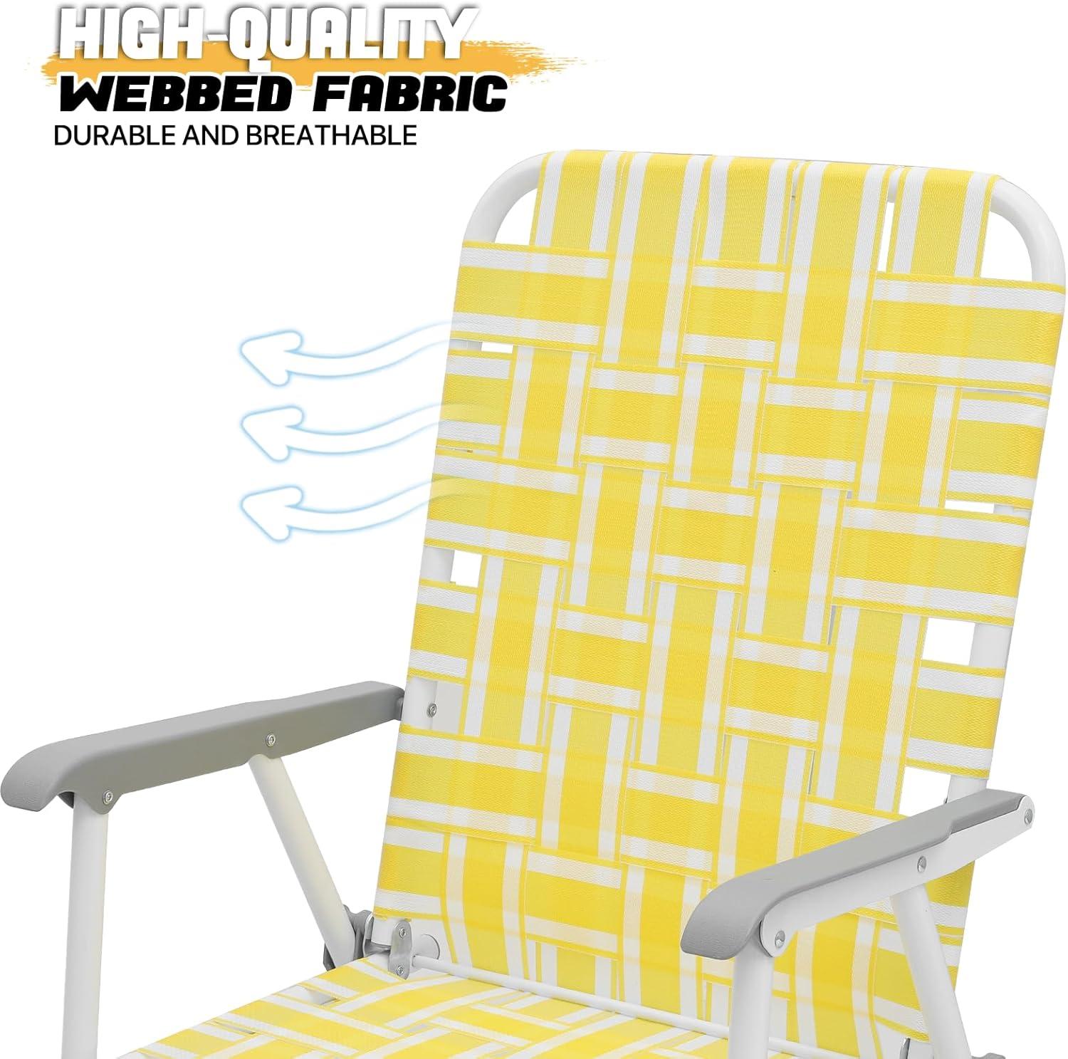 MoNiBloom Portable Webbed Beach Chairs Set of 2, Folding Camping Woven Seats with Armrests, for Outdoor Patio Lawn, Lemon Yellow