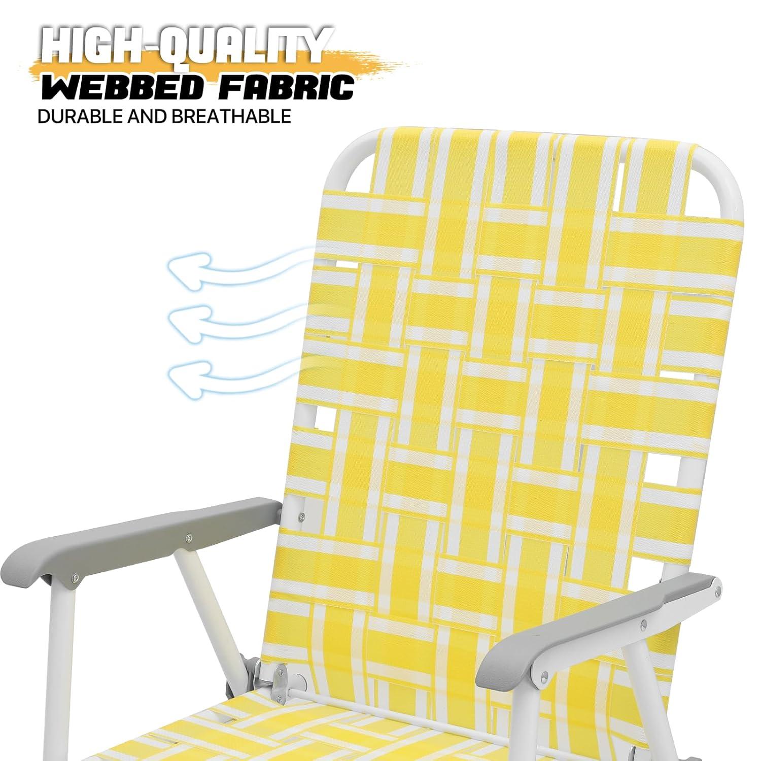 MoNiBloom Portable Webbed Beach Chairs Set of 2, Folding Camping Woven Seats with Armrests, for Outdoor Patio Lawn, Lemon Yellow